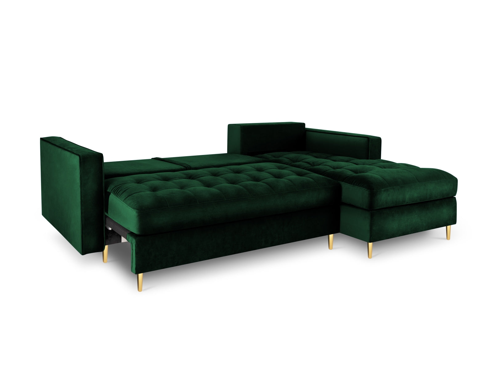 Modernes 5-Sitzer Ecksofa in edlem Dunkelgrün, ausgestattet mit einer praktischen Schlaffunktion und integriertem Stauraum für mehr Flexibilität.