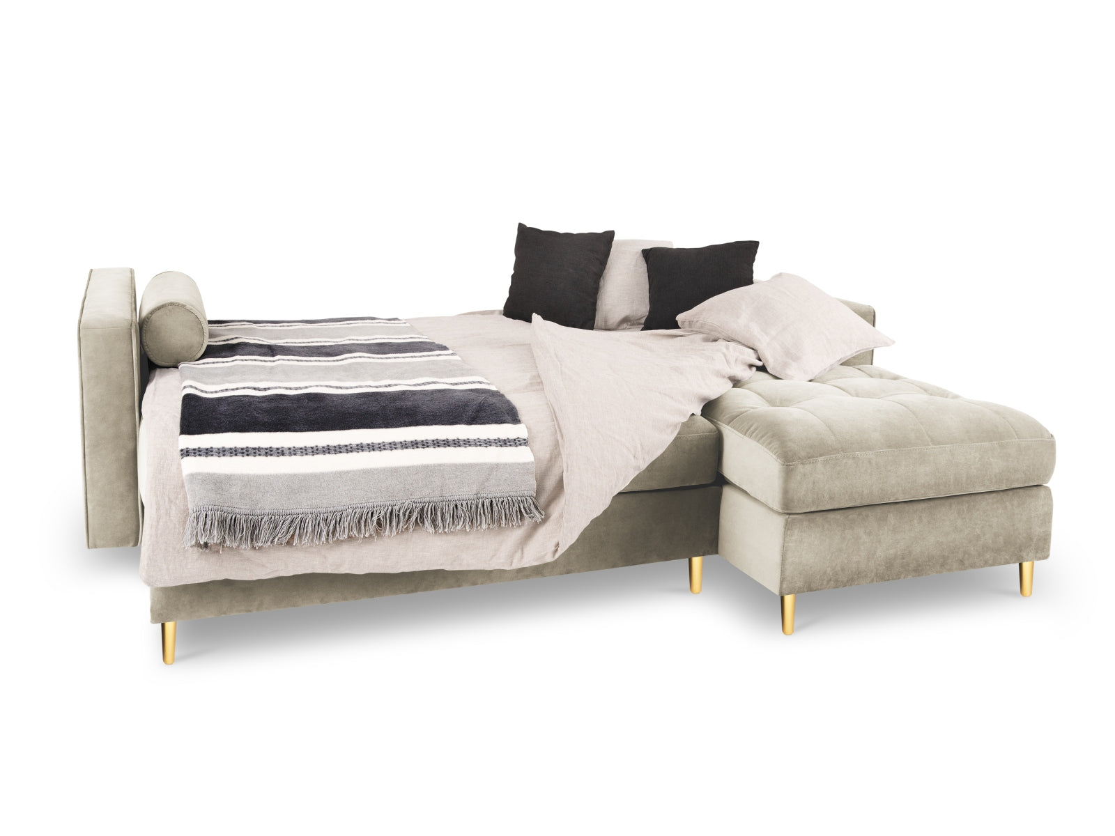 Elegantes 5-Sitzer Ecksofa rechts in stilvollem Dunkelbeige, perfekt für gemütliche Abende und als funktionales Schlafsofa mit zusätzlichem Stauraum.
