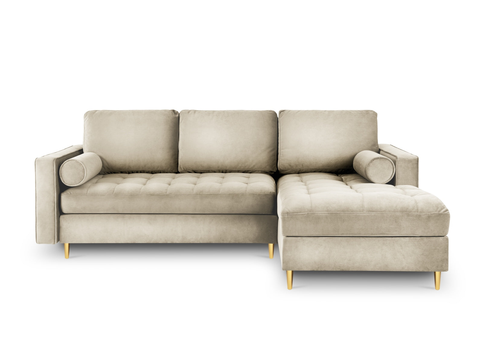 Modernes 5-Sitzer Ecksofa rechts in edlem Dunkelbeige, ideal für entspannte Stunden und als praktisches Schlafsofa mit Stauraum.