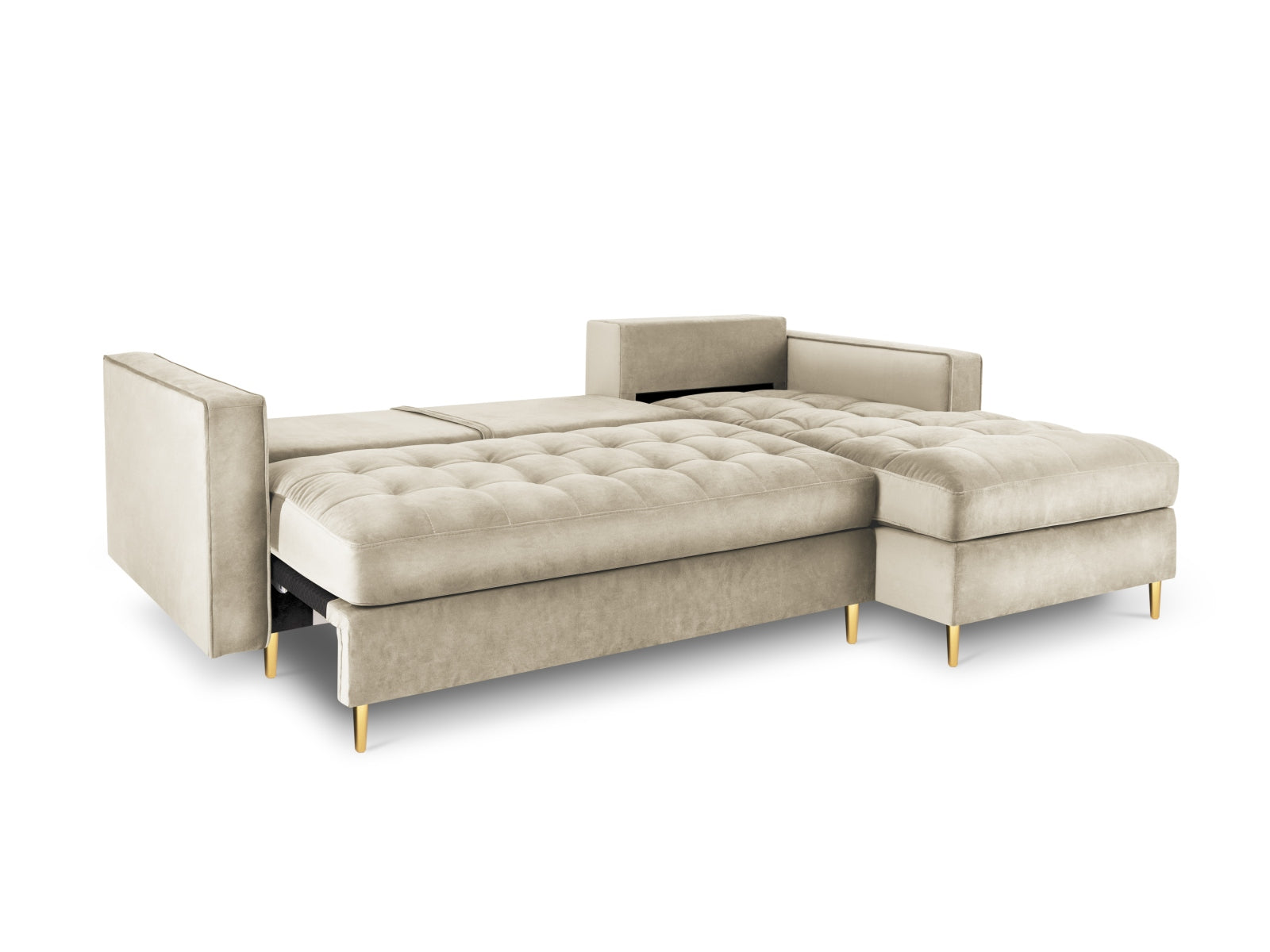 Modernes 5-Sitzer Ecksofa rechts in edlem Dunkelbeige, ideal für entspannte Stunden und als praktisches Schlafsofa mit zusätzlichem Stauraum.