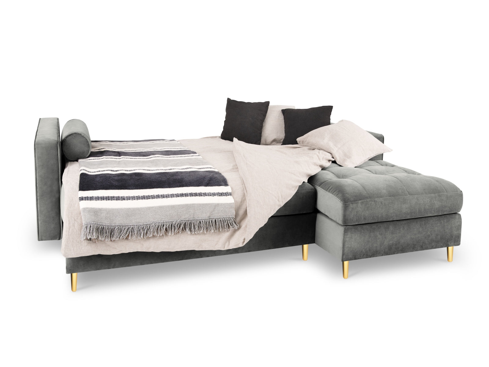 Modernes 5-Sitzer Ecksofa Aspen in elegantem Grau, ideal für entspannte Abende und Übernachtungsgäste, mit praktischem Stauraum.