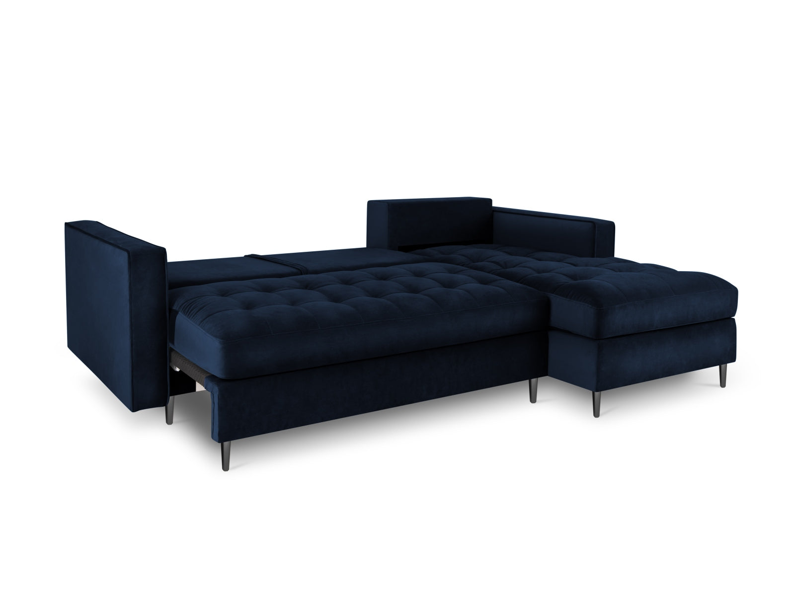 Modernes 5-Sitzer Ecksofa in Royal Blue, rechts, bietet eine praktische Schlaffunktion und zusätzlichen Stauraum für eine stilvolle Wohnlösung.