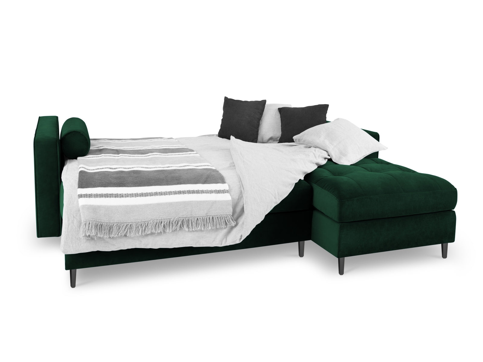 Elegantes 5-Sitzer Ecksofa in stilvollem Dunkelgrün, ausgestattet mit Schlaffunktion und Stauraum für zusätzlichen Komfort und Funktionalität.