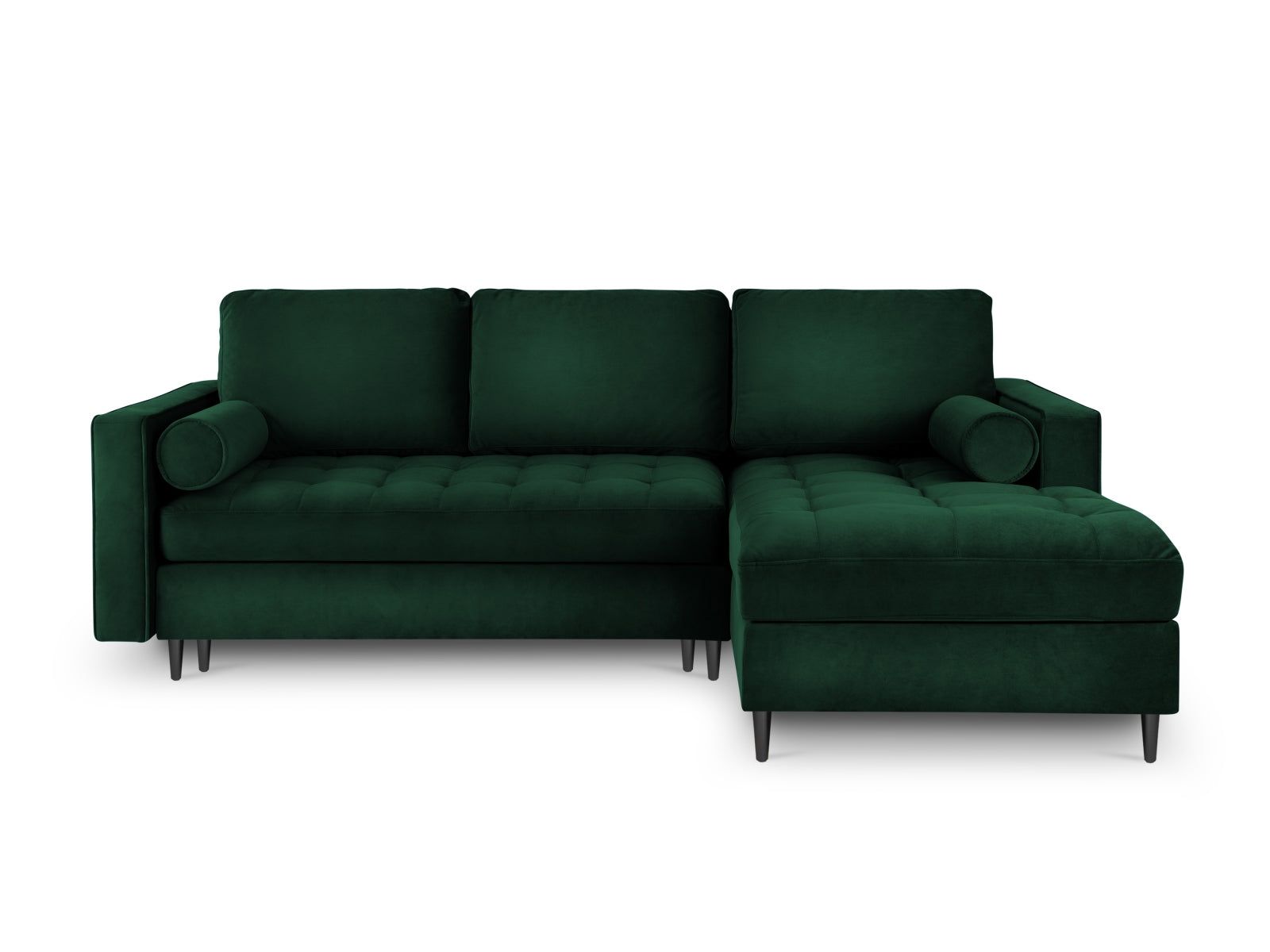 Modernes 5-Sitzer Ecksofa in edlem Dunkelgrün, ideal für Wohnräume, bietet Schlaffunktion und praktischen Stauraum.