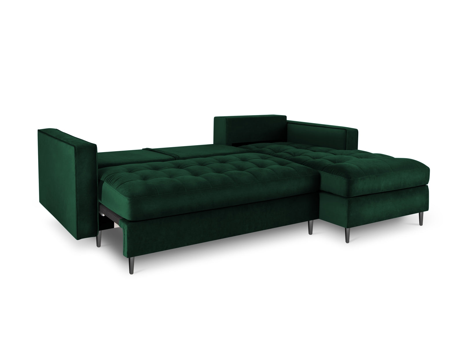 Modernes 5-Sitzer Ecksofa in edlem Dunkelgrün, ideal für entspannte Stunden, ausgestattet mit praktischer Schlaffunktion und Stauraum.