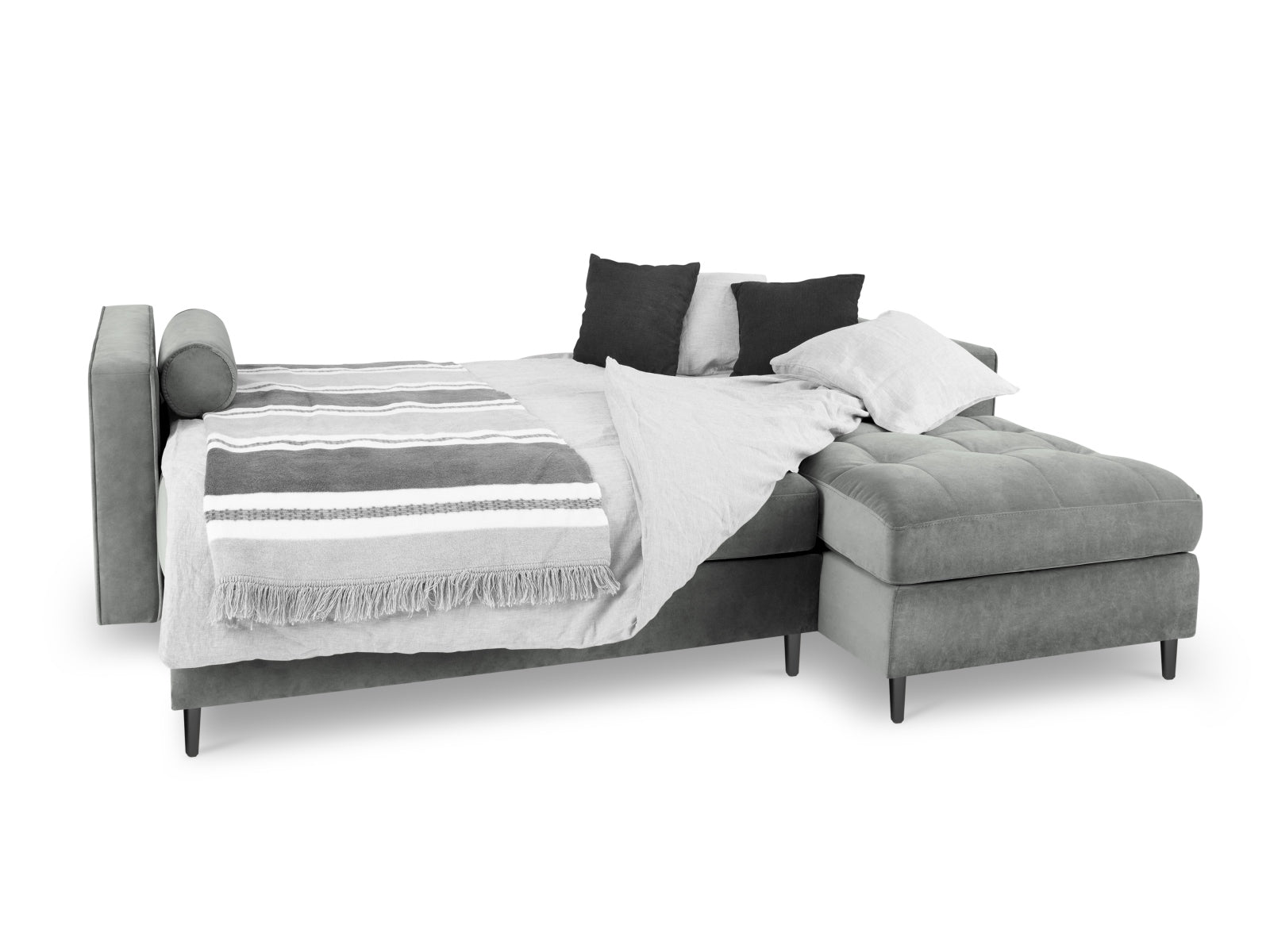 Elegantes 5-Sitzer Ecksofa in Grau mit Schlaffunktion und praktischem Stauraum, ideal für modernes Wohnen und entspannte Nächte.