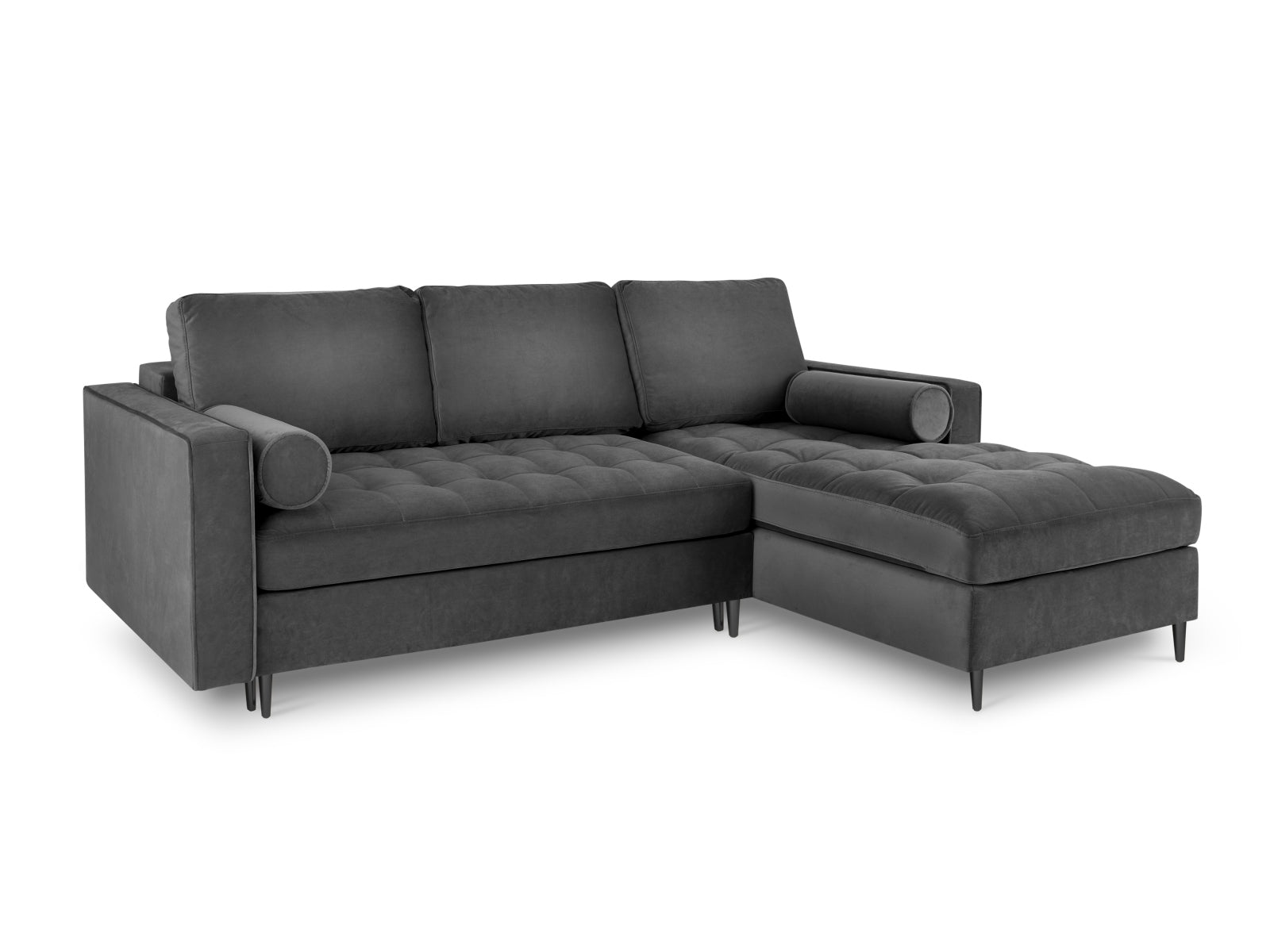 Stylisches Ecksofa in Dunkelgrau, bietet Platz für fünf Personen, mit cleverer Schlaffunktion und Stauraum für zusätzlichen Komfort.