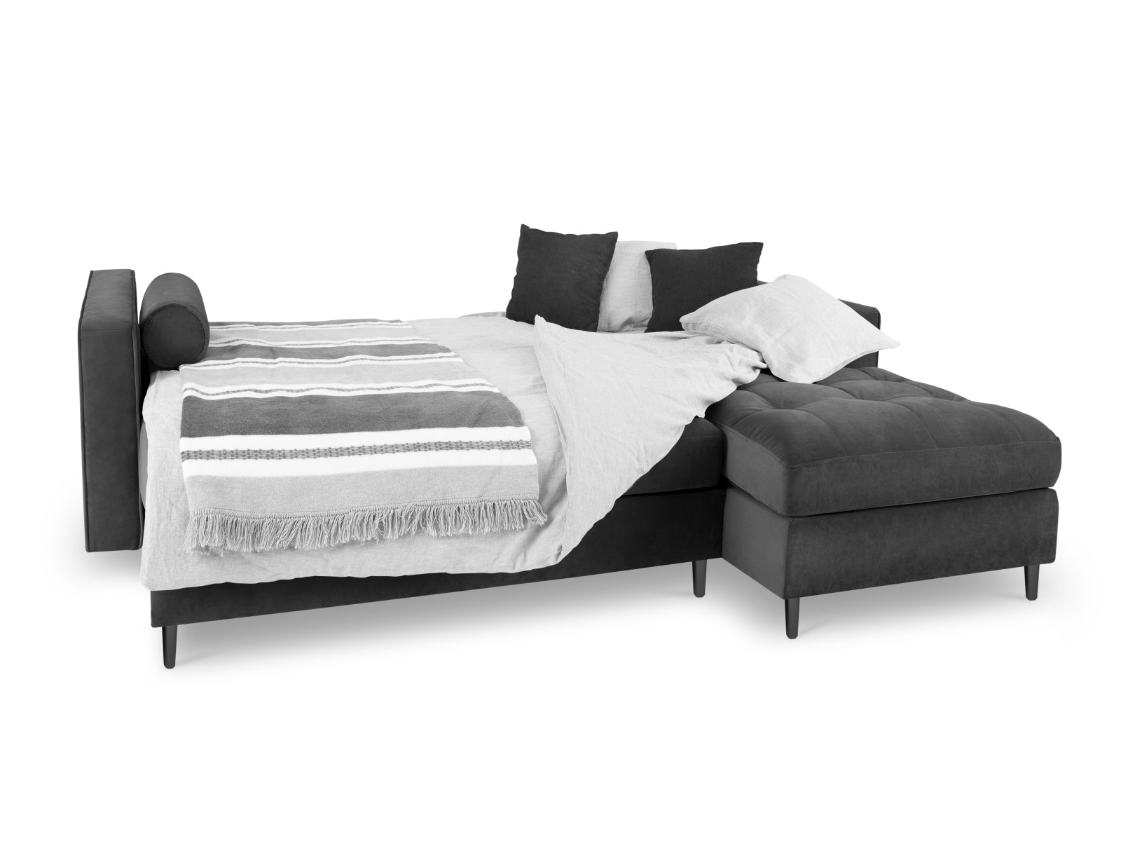 Modernes 5-Sitzer Ecksofa in Dunkelgrau, rechtsseitig, mit praktischer Schlaffunktion und integriertem Stauraum für optimale Raumnutzung.