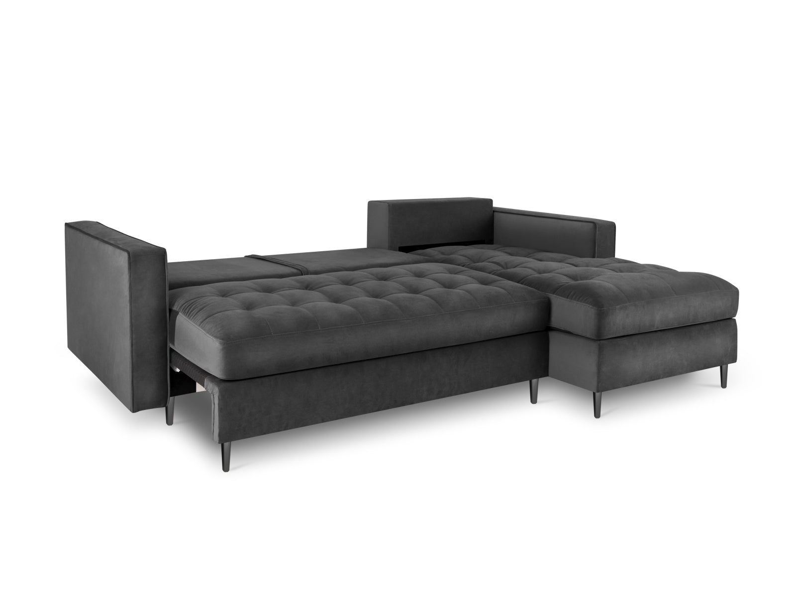Stylisches Ecksofa für 5 Personen in elegantem Dunkelgrau, rechtsseitig, bietet Schlaffunktion und cleveren Stauraum für mehr Ordnung.