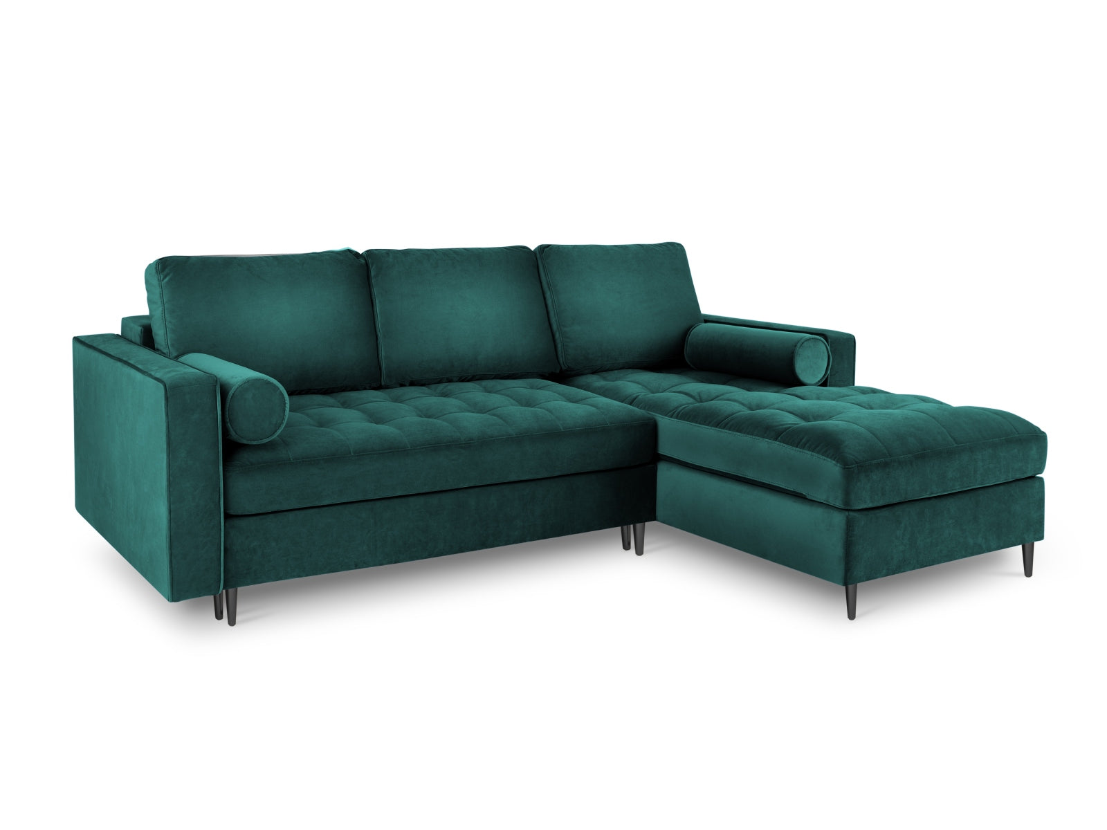 Modernes 5-Sitzer Ecksofa in edlem Petrol, ideal für Wohnzimmer, mit Schlaffunktion und integriertem Stauraum für zusätzlichen Komfort.