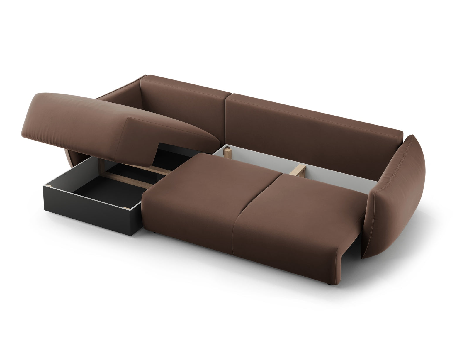 Elegantes 4-Sitzer Ecksofa Matera in Chocolate-Salvador, ideal für entspannte Stunden und als praktisches Schlafsofa mit Stauraum.