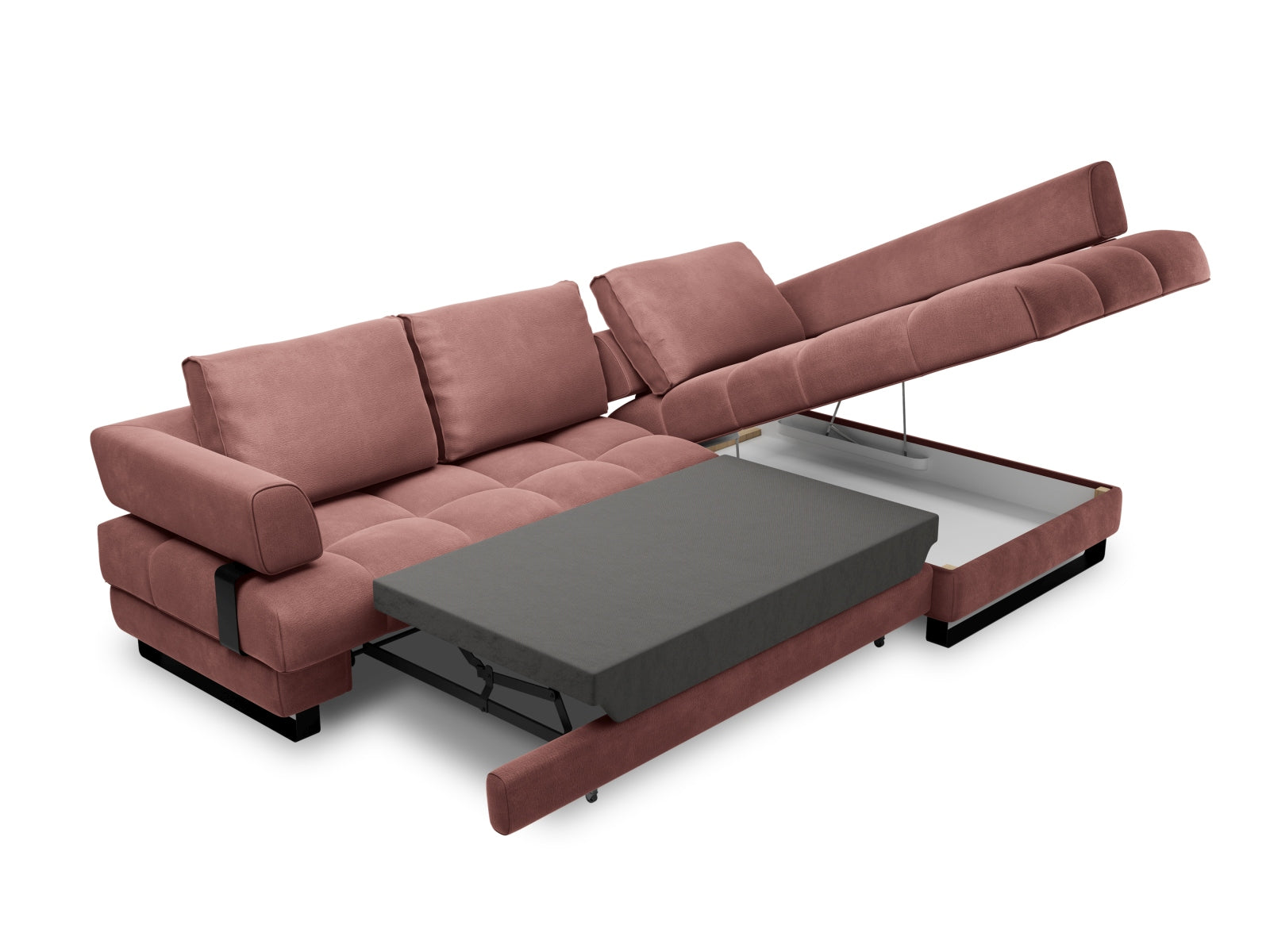 Erleben Sie das Clinton Velour Ecksofa von Cosmopolitan Design: stilvolles 5-Sitzer Sofa mit Schlaffunktion und viel Stauraum für Ihr modernes Zuhause!