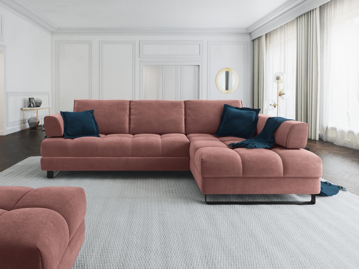 Erleben Sie das Clinton Velour Ecksofa von Cosmopolitan Design: stilvolles 5-Sitzer Sofa mit Schlaffunktion und viel Stauraum für Ihr modernes Zuhause!