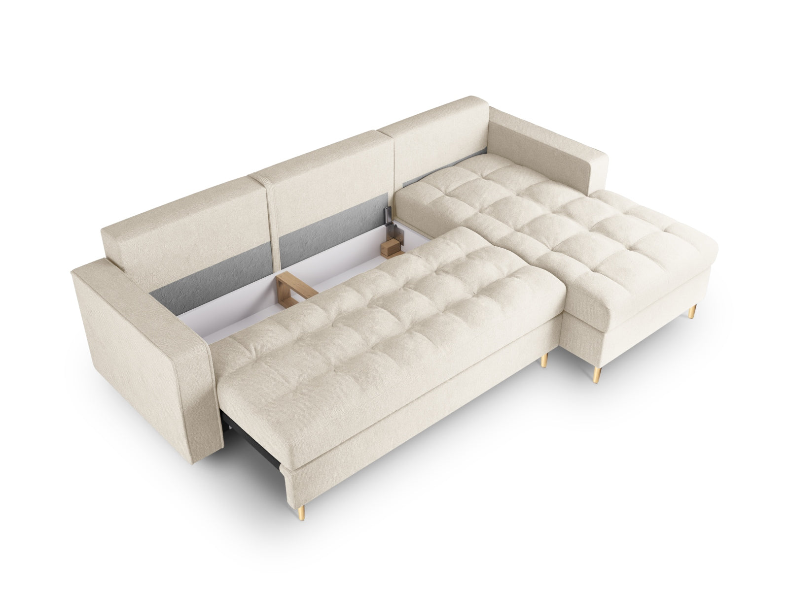 Modernes 5-Sitzer Ecksofa Aspen in sanftem Beige, bietet eine komfortable Schlaffunktion und cleveren Stauraum für Ihr Zuhause.