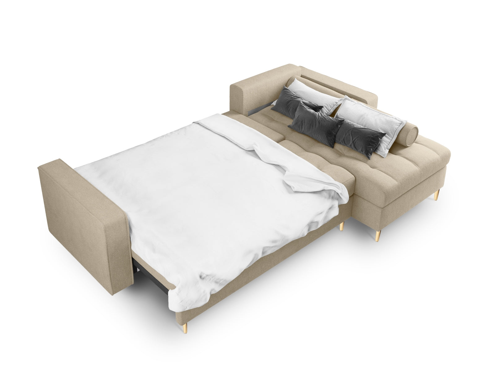 Elegantes Ecksofa Aspen in Beige, 5-Sitzer mit Schlaffunktion und integriertem Stauraum, ideal für gemütliche Abende und moderne Wohnkonzepte.