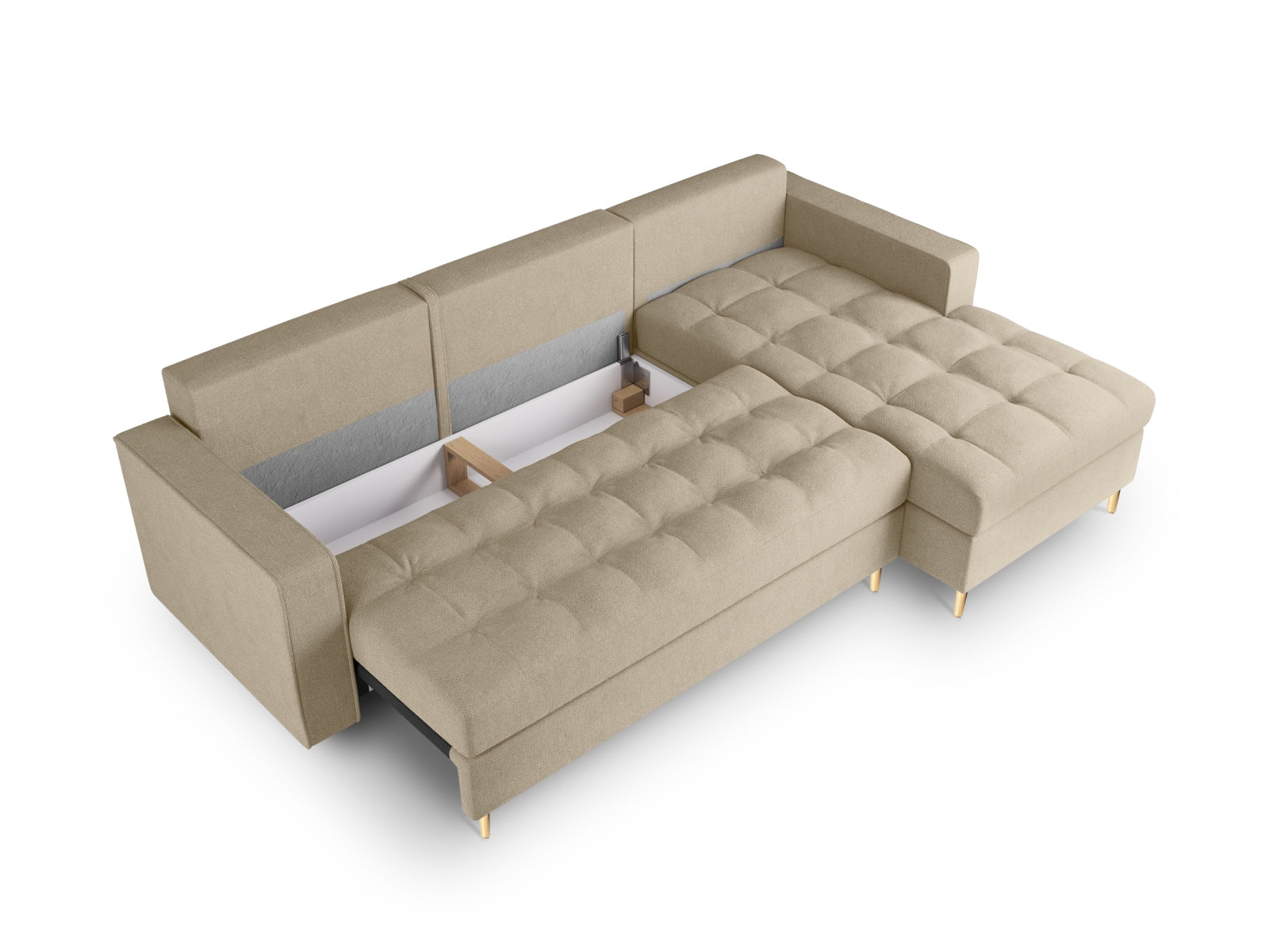 Beige 5-Sitzer Ecksofa Aspen mit Schlaffunktion und Stauraum, perfekt für stilvolle Wohnräume und entspannte Nächte.