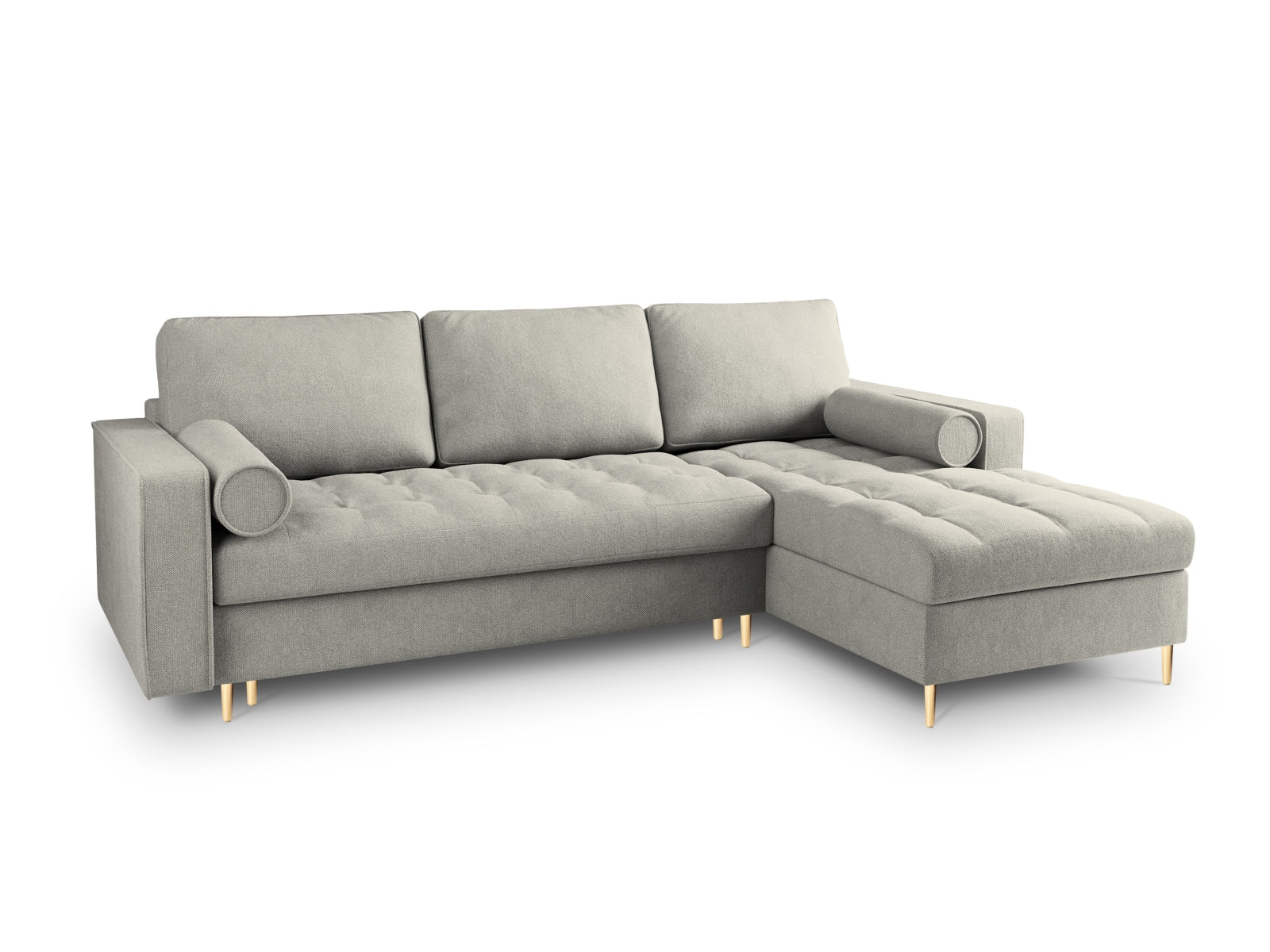 Elegantes Ecksofa Aspen in Hellgrau, 5-Sitzer mit Schlaffunktion und integriertem Stauraum, perfekt für stilvolle Wohnräume.