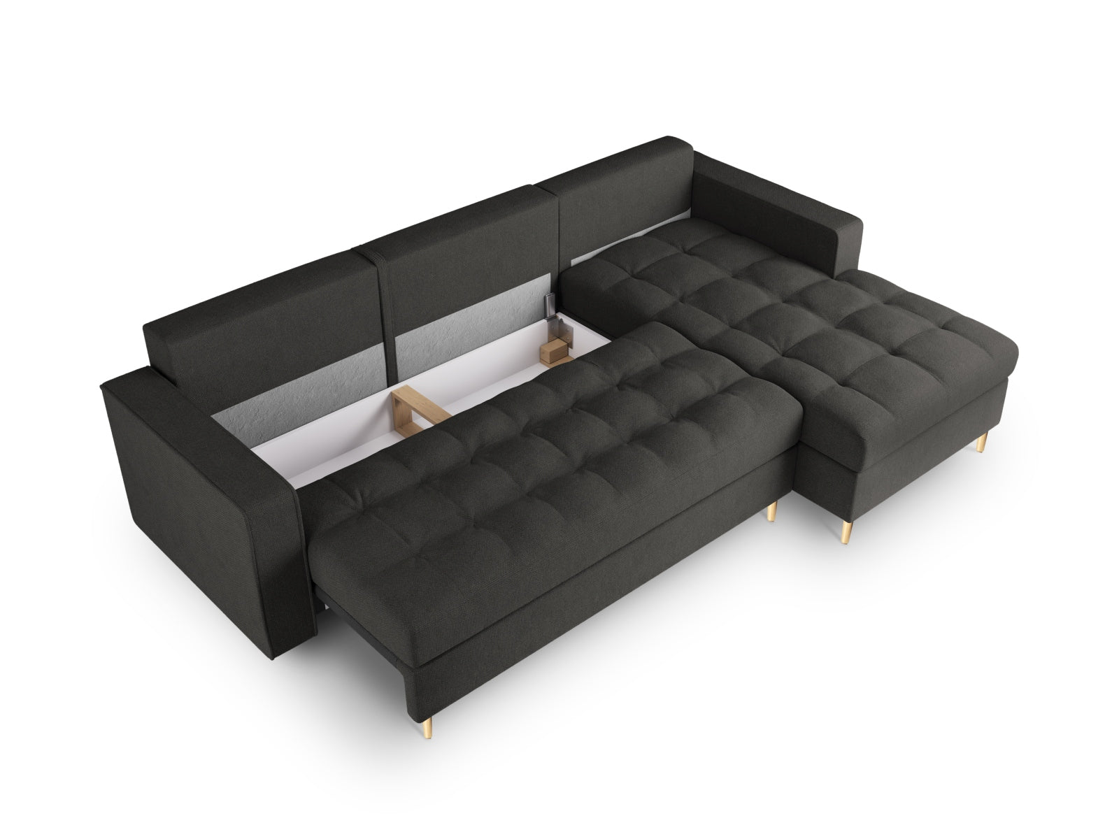 Stylisches Ecksofa Aspen in Dunkelgrau, 5-Sitzer mit Schlaffunktion und integriertem Stauraum, perfekt für gemütliche Abende im Wohnzimmer.