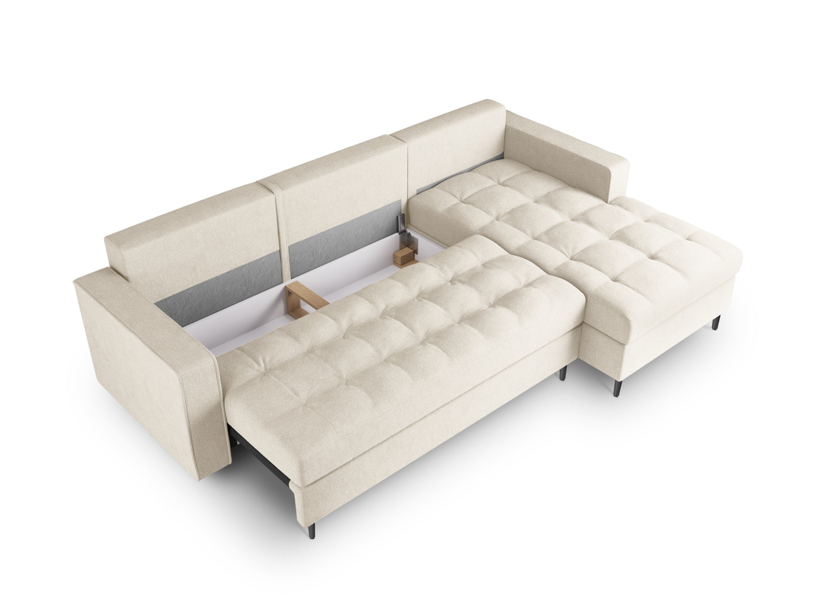 Beige 5-Sitzer Ecksofa Aspen mit Schlaffunktion und Stauraum, perfekt für gemütliche Abende und flexible Wohnlösungen.