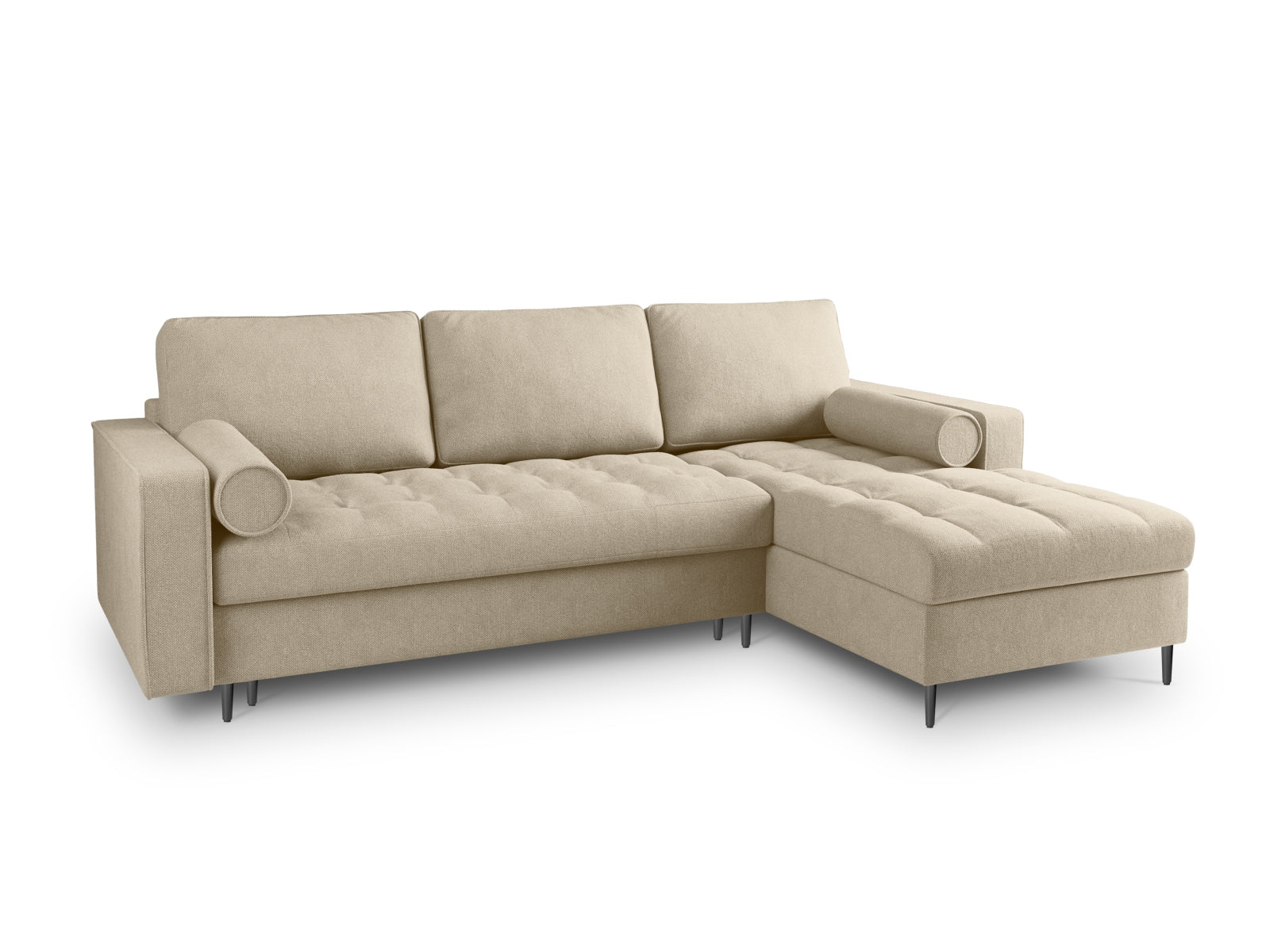 Beige 5-Sitzer Ecksofa Aspen mit Schlaffunktion und Stauraum, perfekt für entspannte Abende und modernes Wohndesign.