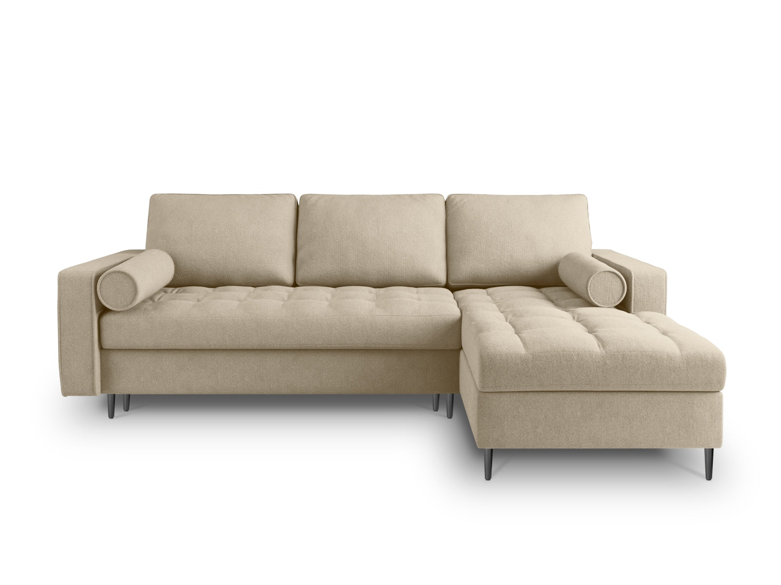 Beige Ecksofa Aspen für 5 Personen, mit praktischer Schlaffunktion und Stauraum, ideal für stilvolle Wohnräume und gemütliche Abende.