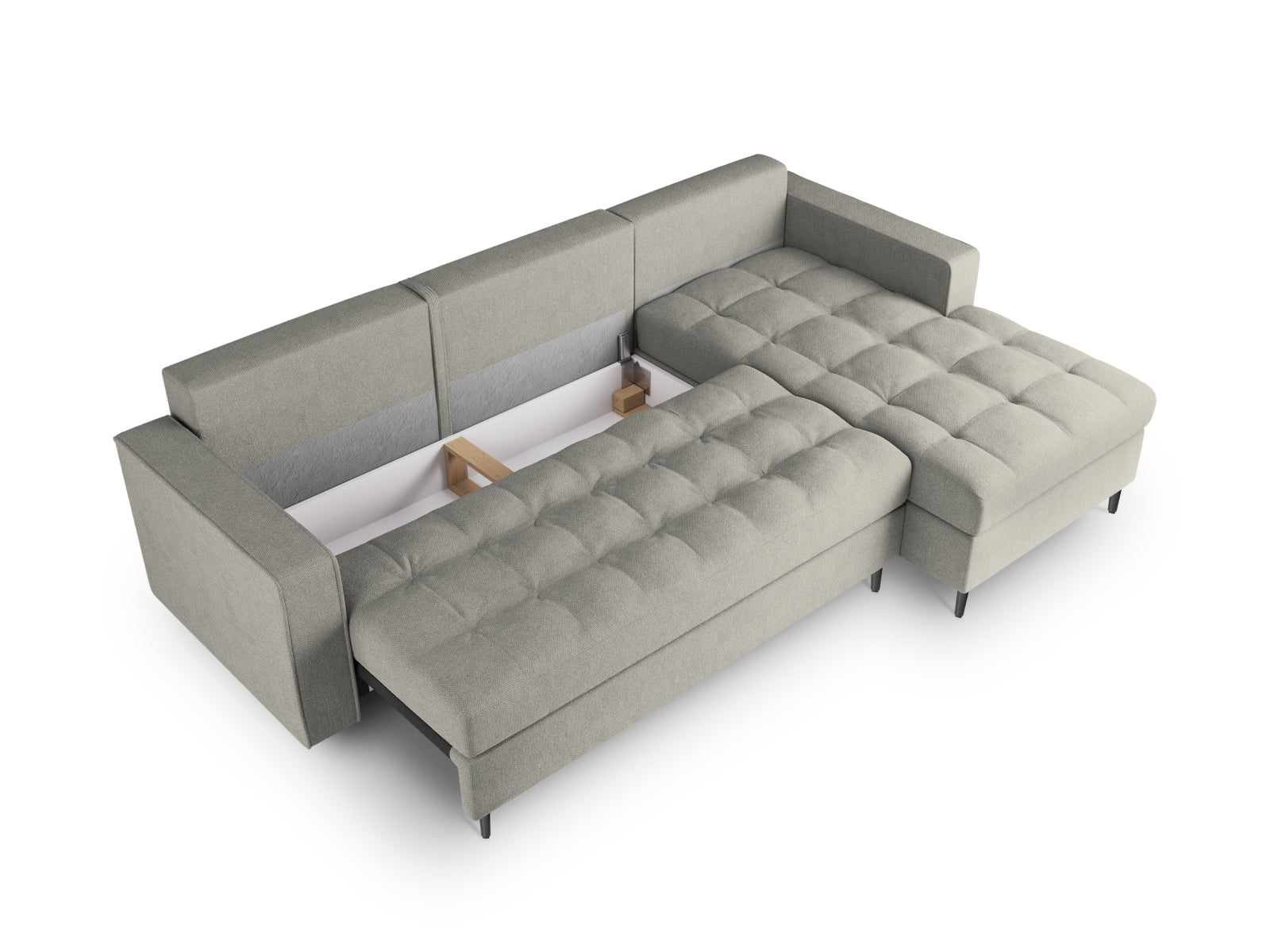 Stylisches Ecksofa Aspen in Hellgrau, bietet Platz für 5 Personen, verwandelt sich in ein Bett und bietet zusätzlichen Stauraum.