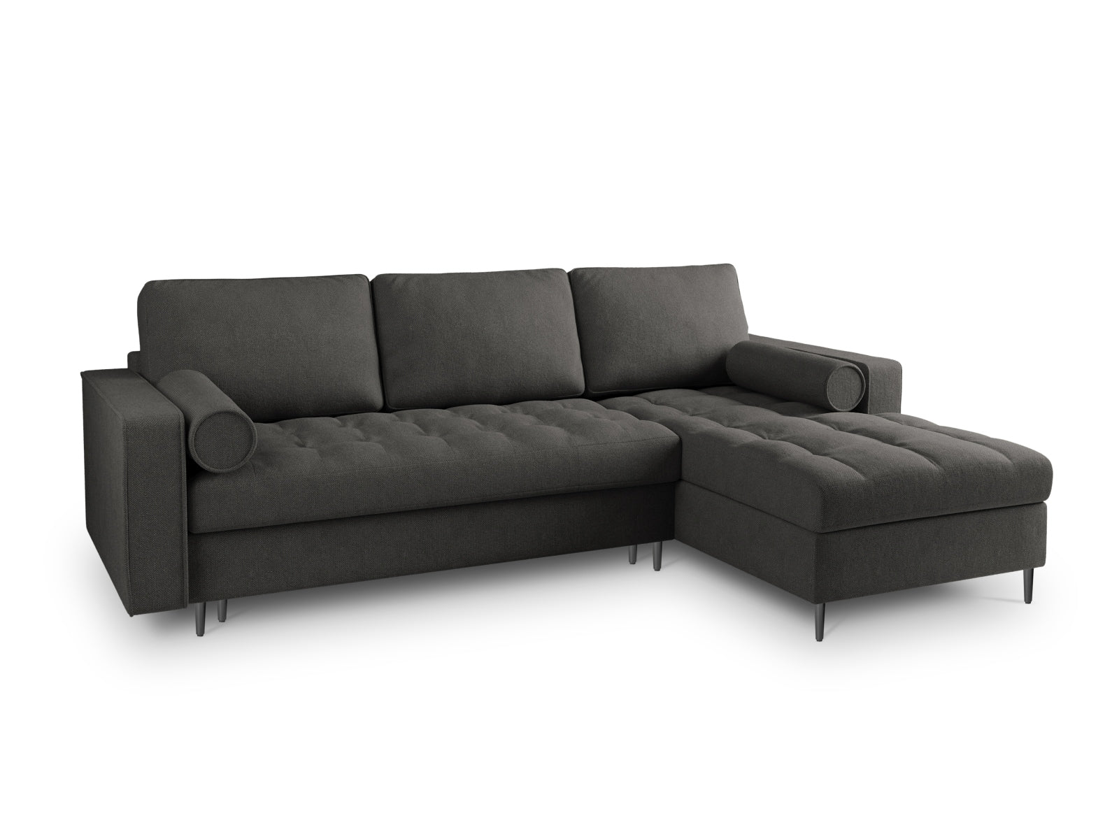 Stylisches Ecksofa Aspen in Dunkelgrau, ideal für 5 Personen, mit cleverer Schlaffunktion und integriertem Stauraum für mehr Komfort.