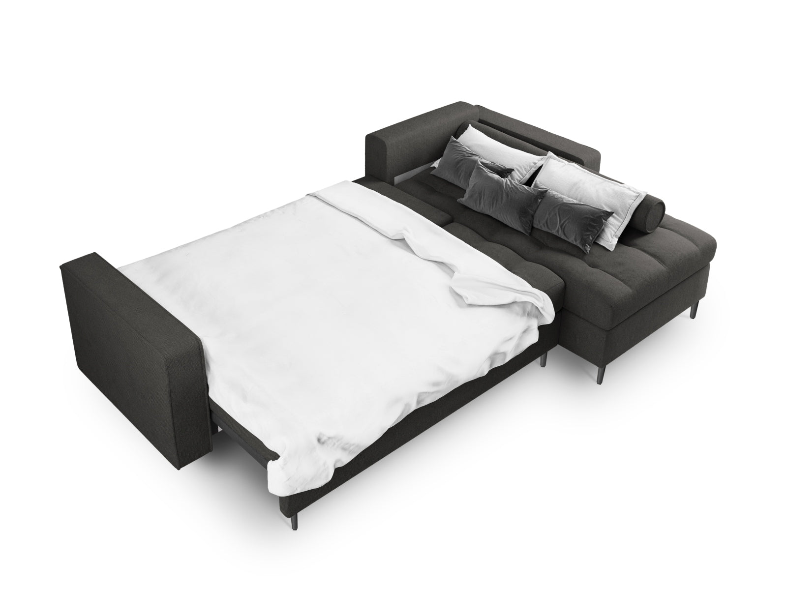 Modernes 5-Sitzer Ecksofa Aspen in elegantem Dunkelgrau, bietet Schlaffunktion und praktischen Stauraum für vielseitige Nutzung.