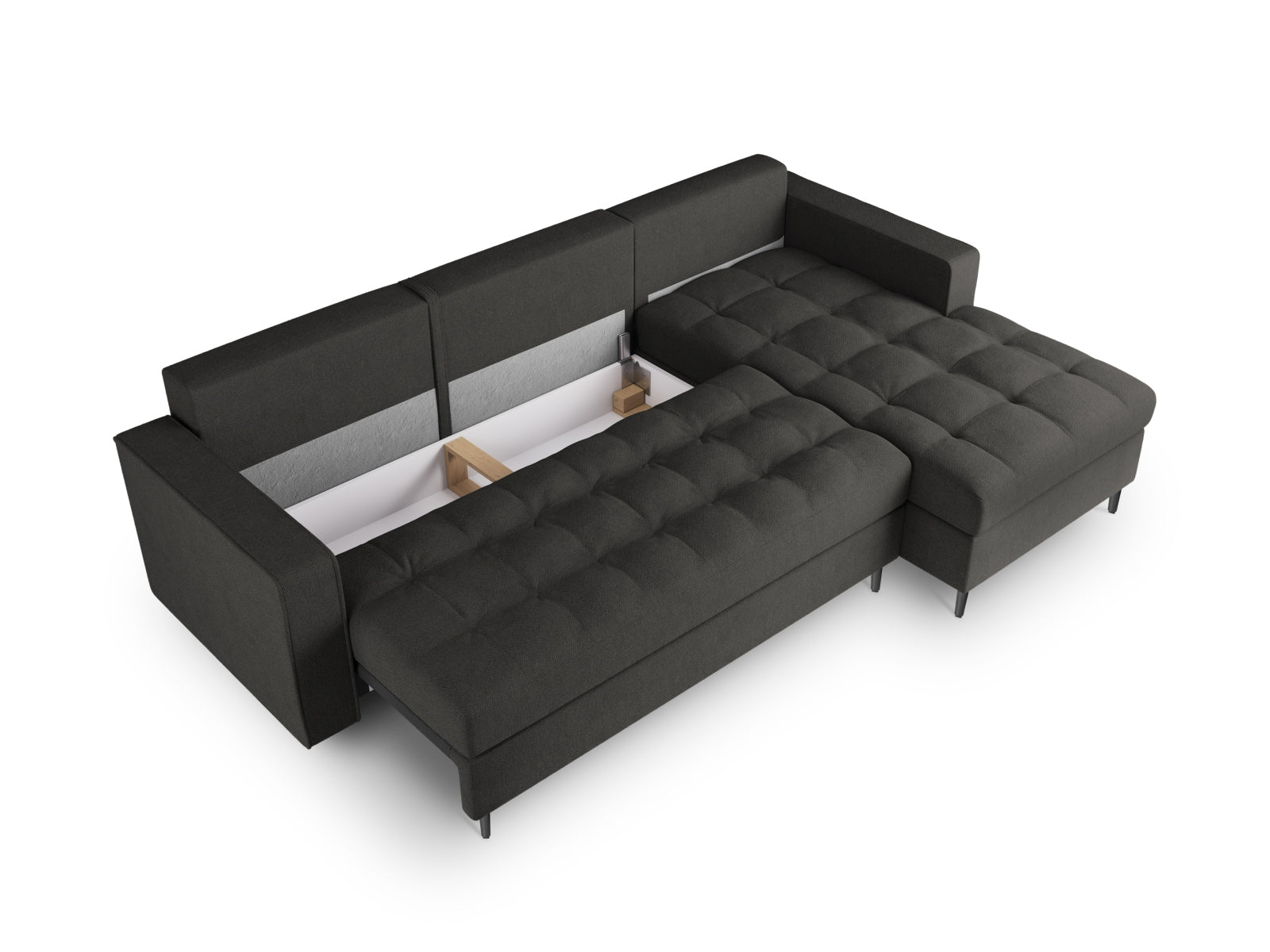 Stylisches Ecksofa Aspen in Dunkelgrau, ideal für Wohnzimmer. Mit Schlaffunktion und Stauraum für zusätzlichen Komfort und Ordnung.