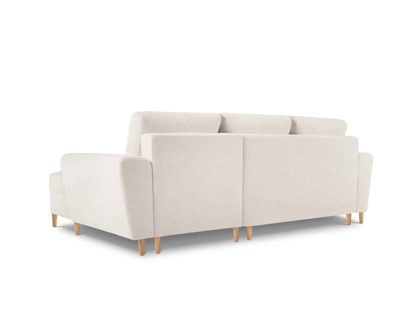 Stylisches Ecksofa Kyoto in Boucle-Optik, rechts, mit Schlaf- und Stauraummöglichkeit, ideal für gemütliche Abende und Gästeübernachtungen.