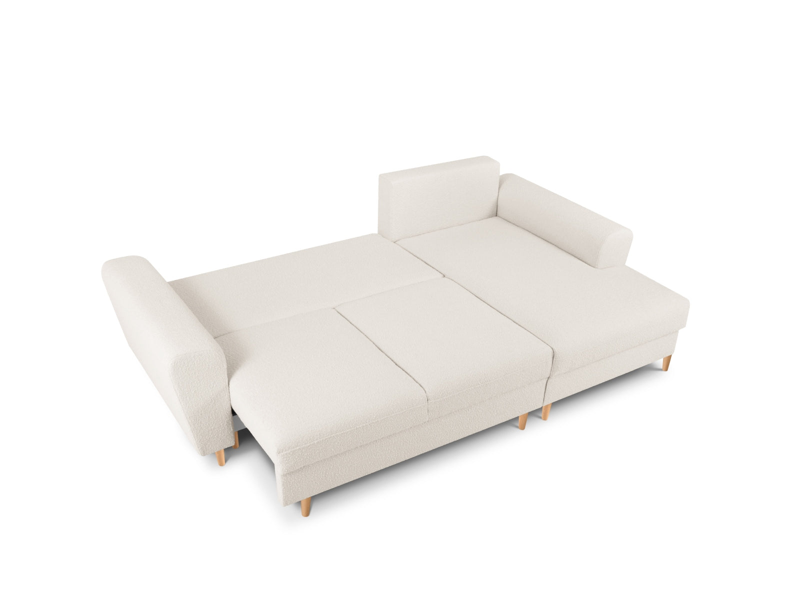 Elegantes Kyoto Boucle Ecksofa, rechts, 4-Sitzer mit Schlaffunktion und Stauraum, perfekt für stilvolle Wohnräume und Übernachtungen.