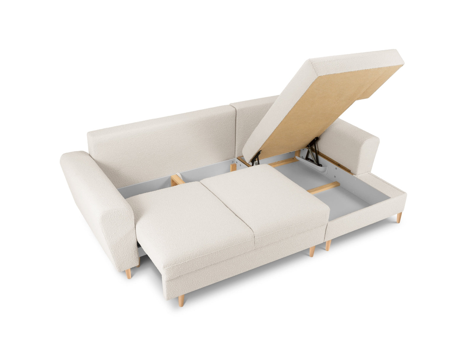 Entdecken Sie das Kyoto Boucle Ecksofa rechts – ein elegantes 4-Sitzer Sofa mit Schlaffunktion und Stauraum, ideal für Komfort und Stil in Ihrem Wohnzimmer.