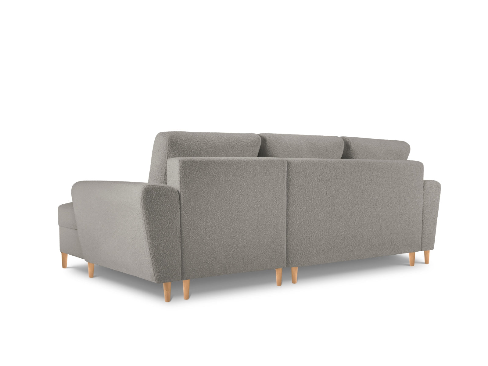 Stylisches Kyoto Boucle Ecksofa in Grau, rechts, bietet eine Schlaffunktion und Stauraum, ideal für gemütliche Wohnräume.