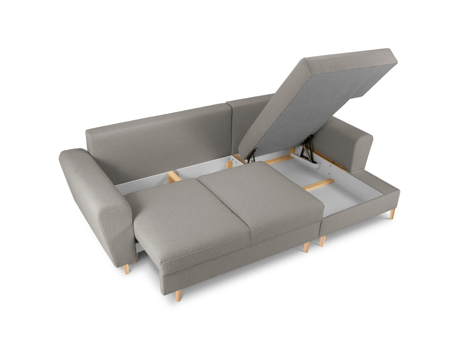 Stylisches Kyoto Boucle Ecksofa in Grau, rechts, bietet komfortable Schlaffunktion und Stauraum, ideal für moderne Wohnzimmer.