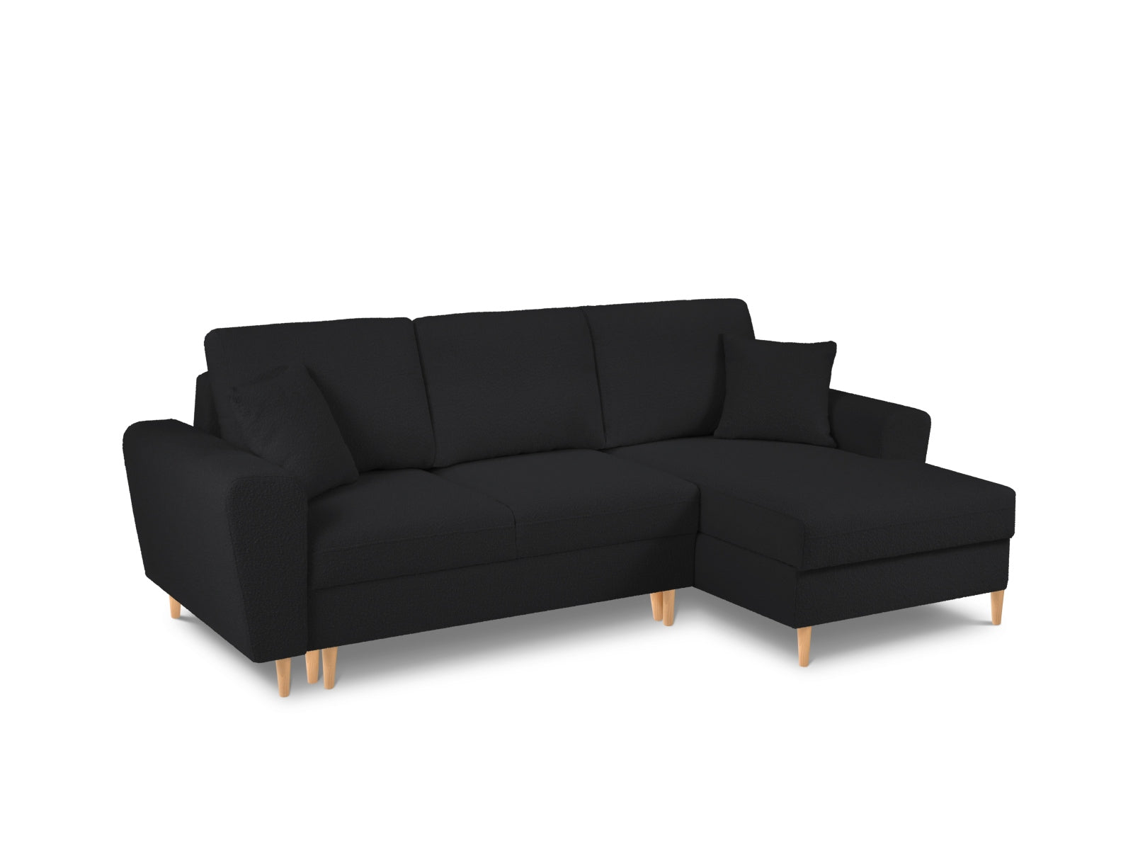 Elegantes Kyoto Boucle Ecksofa in Schwarz, 4-Sitzer mit praktischer Schlaffunktion und Stauraum, perfekt für stilvolle Wohnräume.