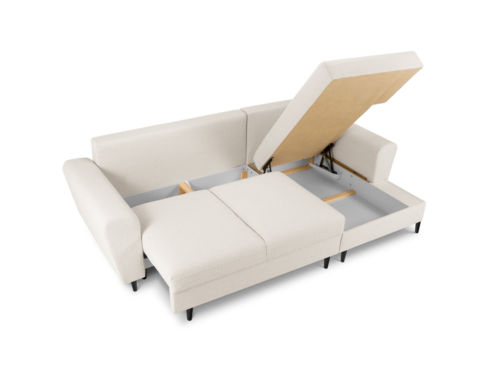 Entdecken Sie das Kyoto Boucle Ecksofa rechts – ein elegantes 4-Sitzer Sofa mit Schlaffunktion und Stauraum, ideal für Komfort und Stil in Ihrem Wohnzimmer.