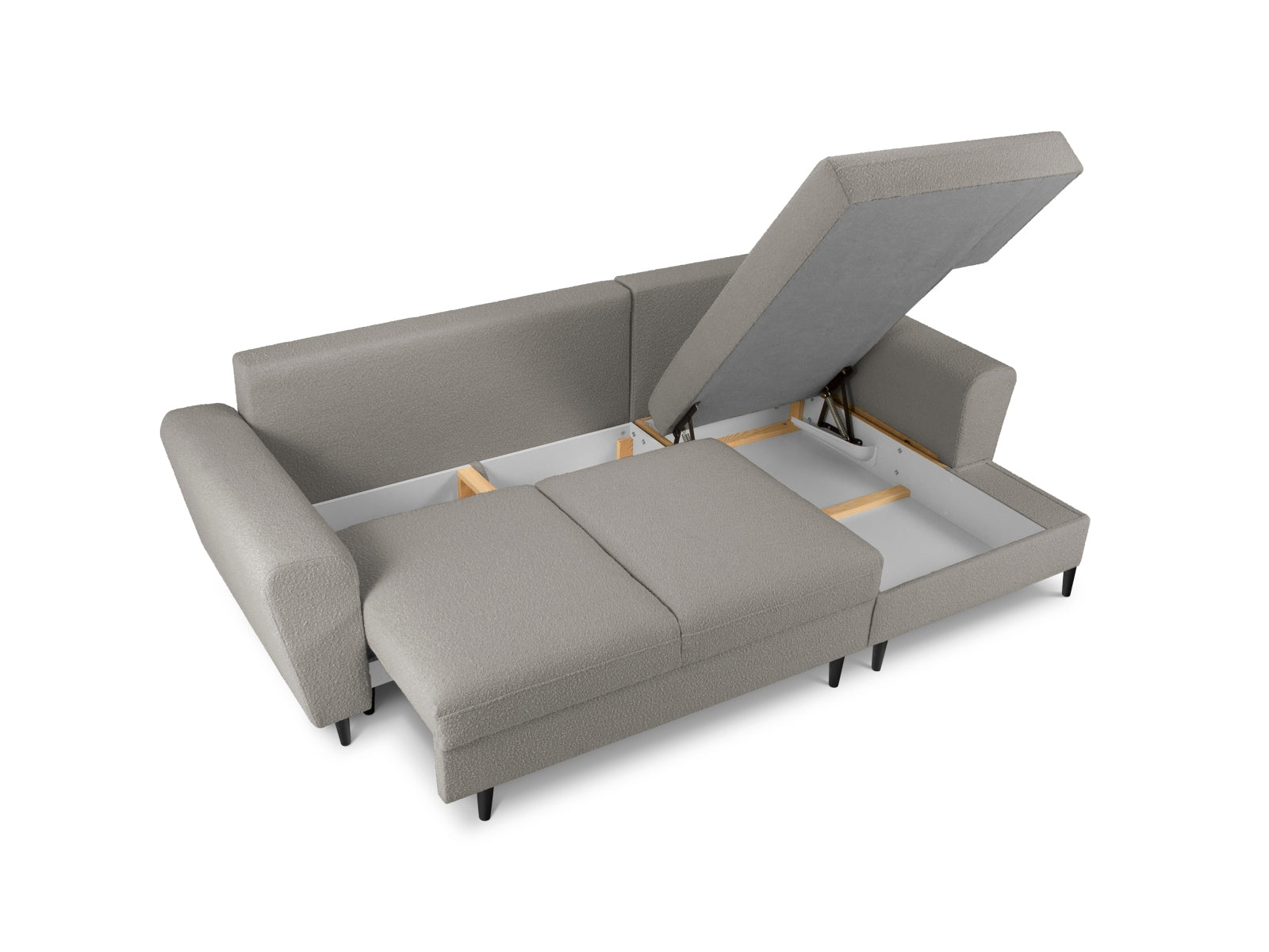 Entdecken Sie das Kyoto Boucle Ecksofa rechts – ein elegantes 4-Sitzer Sofa mit Schlaffunktion und Stauraum, ideal für Komfort und Stil in Ihrem Wohnzimmer.