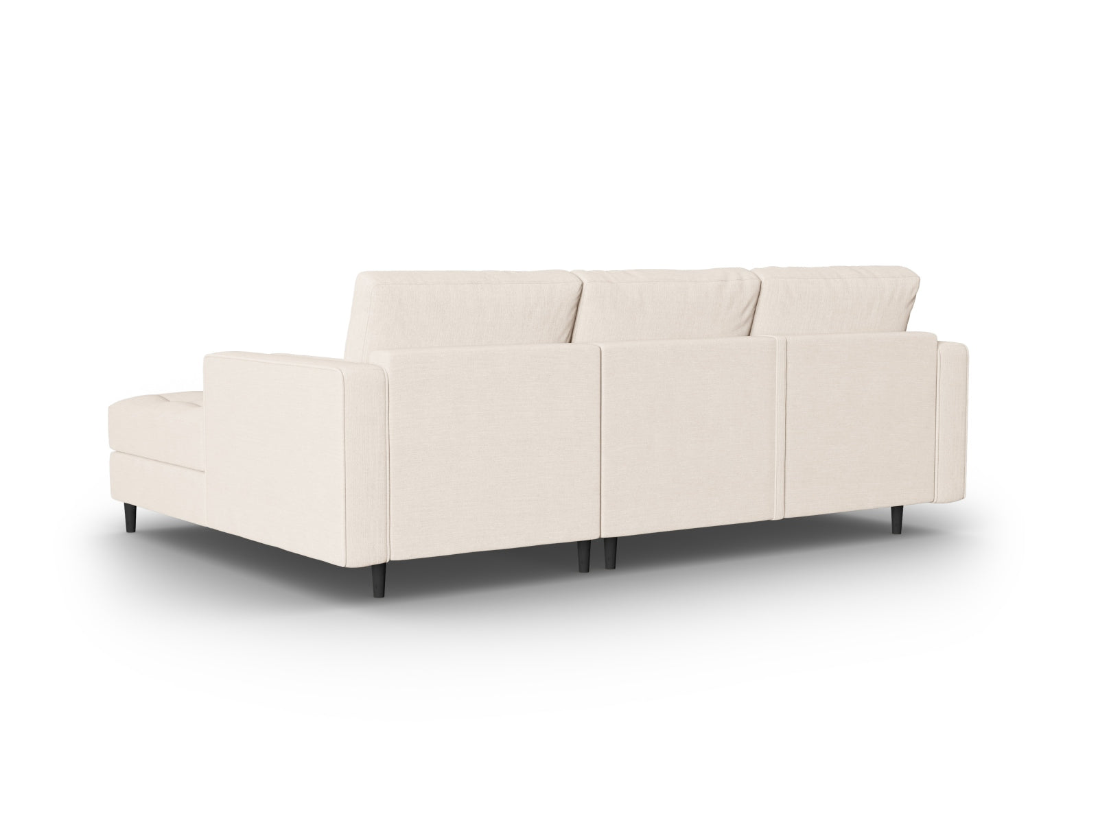 Beige 5-Sitzer Ecksofa Aspen mit praktischer Schlaffunktion und integriertem Stauraum, ideal für gemütliche und funktionale Wohnbereiche.
