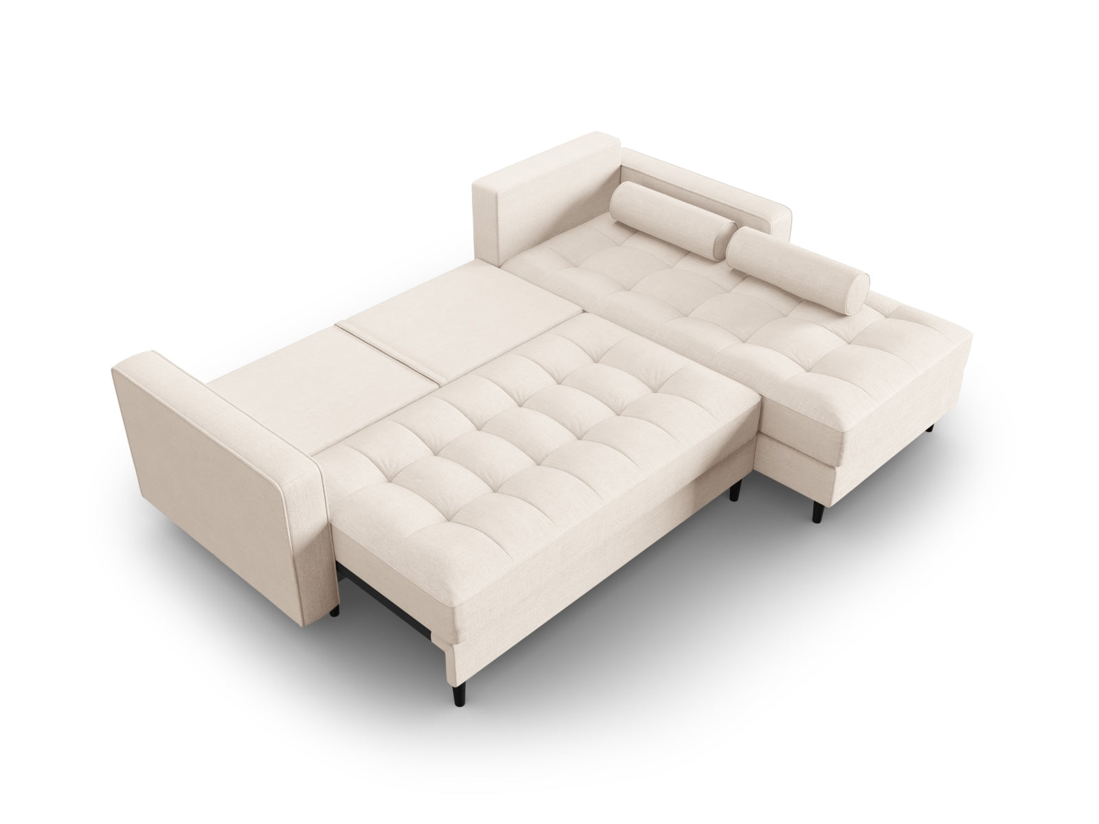 Beige Ecksofa Aspen für 5 Personen, rechtsseitig, mit Schlaffunktion und Stauraum – perfekt für stilvolle und praktische Wohnräume.