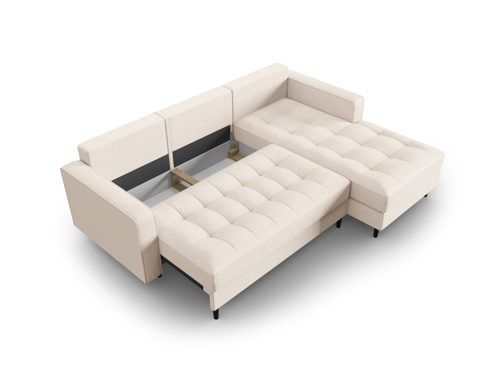 Elegantes 5-Sitzer Ecksofa Aspen in Beige, rechtsseitig, bietet Schlaffunktion und Stauraum für modernen Komfort und Funktionalität.