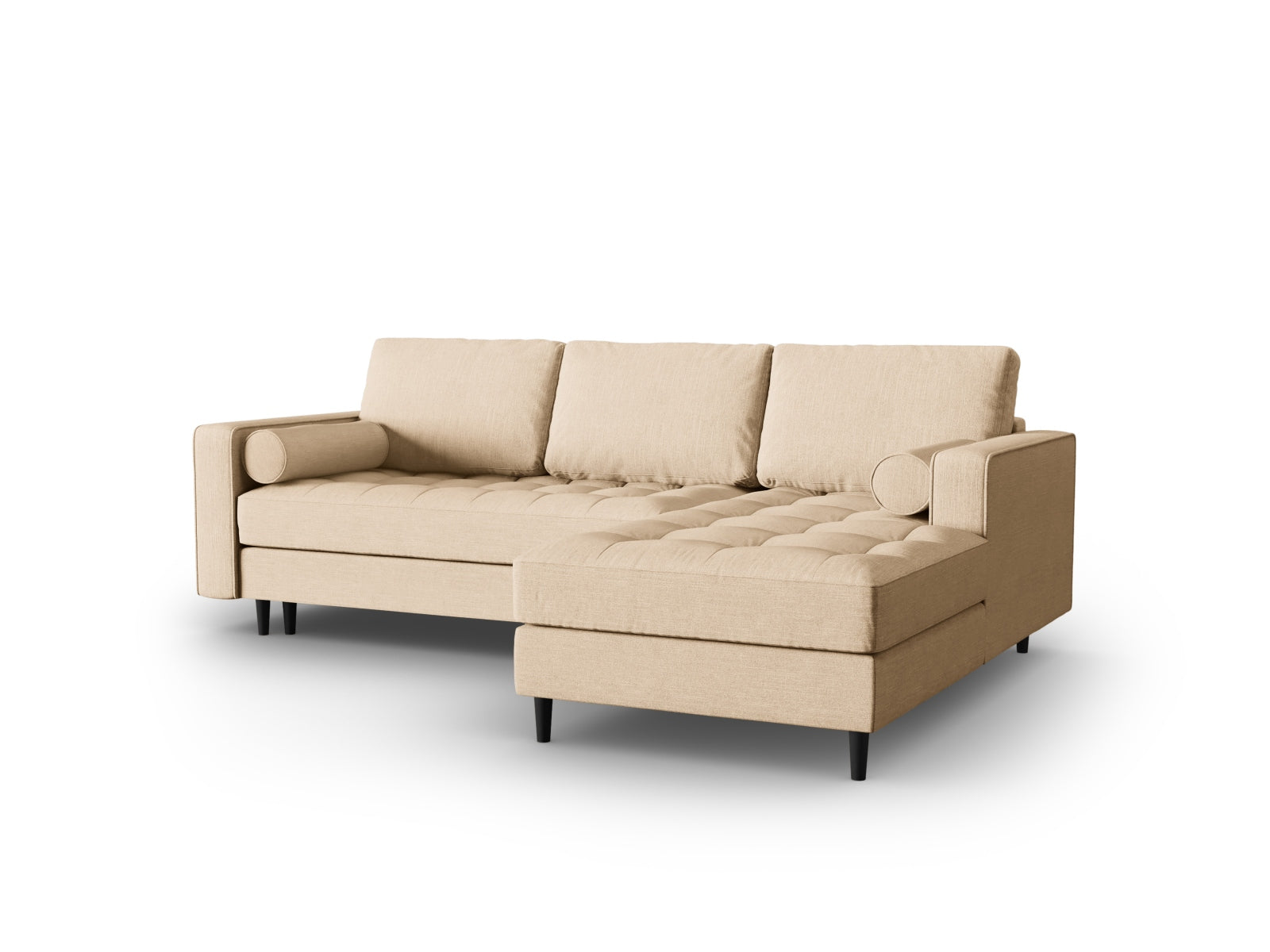 Beige-Melva Ecksofa Aspen mit Schlaffunktion und Stauraum, ideal für moderne Wohnräume, präsentiert von Cosmopolitan Design.