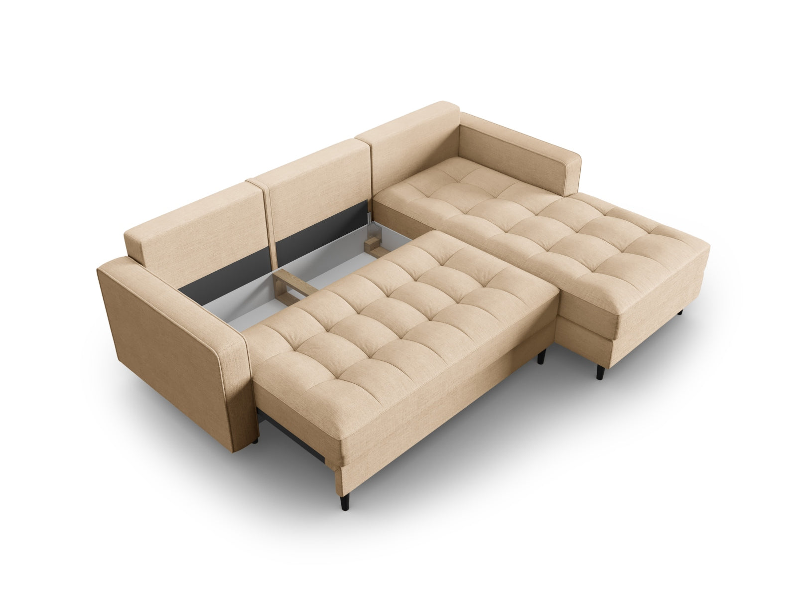 Beige 5-Sitzer Ecksofa Aspen mit praktischer Schlaffunktion und integriertem Stauraum, ideal für moderne Wohnkonzepte.