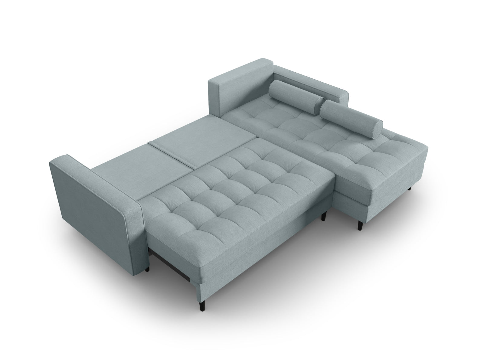 Modernes Ecksofa Aspen in Blau-Melva, 5-Sitzer, rechts, bietet Schlaffunktion und Stauraum für stilvolle Wohnlösungen.