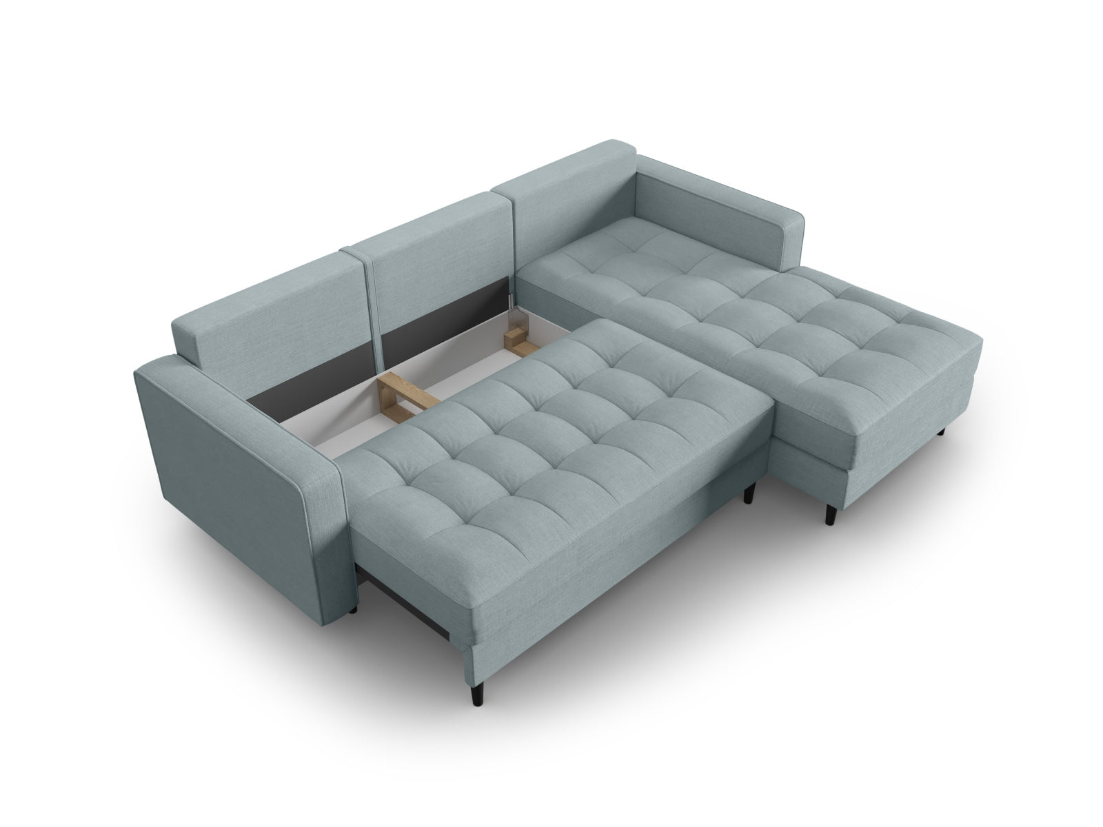 Elegantes 5-Sitzer Ecksofa Aspen in Blau-Melva, rechts, mit praktischer Schlaffunktion und integriertem Stauraum für vielseitige Nutzung.