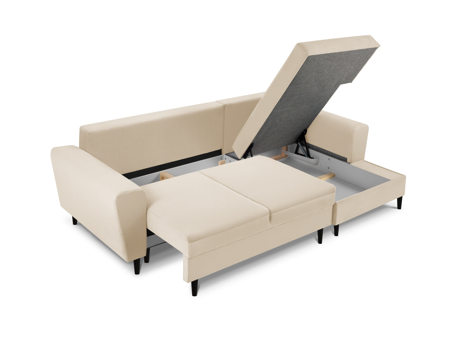 Stylisches Kyoto Ecksofa in sanftem Beige, 4-Sitzer mit praktischer Schlaffunktion und Stauraum, perfekt für gemütliche Wohnzimmer.