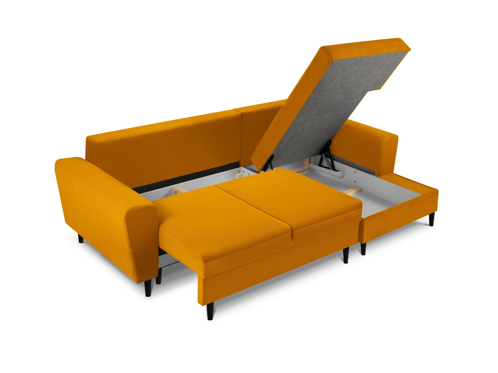 Modernes Kyoto Ecksofa in Gelb, 4-Sitzer mit Schlaffunktion und Stauraum, ideal für gemütliche Abende und platzsparende Lösungen.
