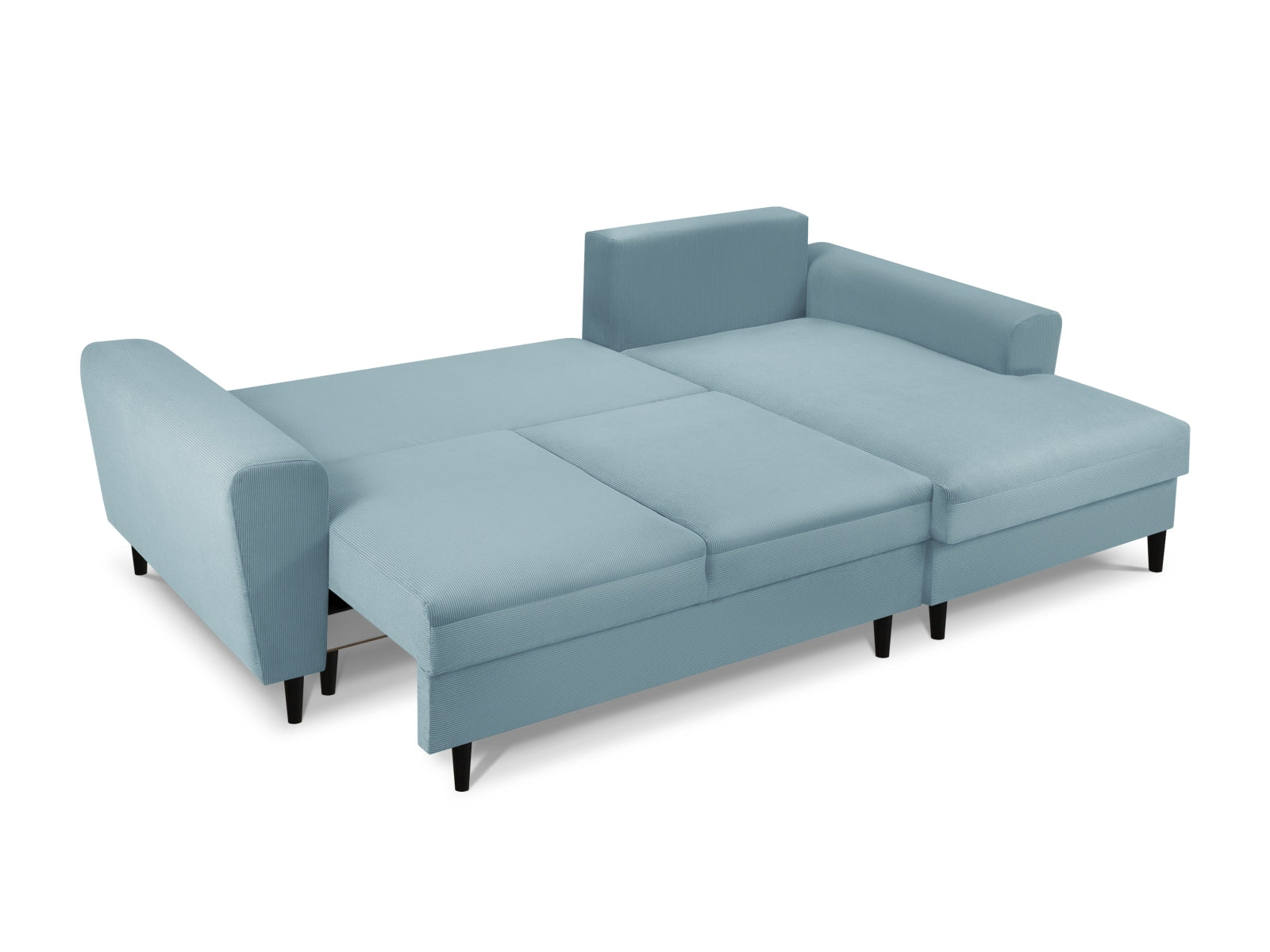 Elegantes Kyoto Ecksofa in sanftem Blau, 4-Sitzer mit praktischer Schlaffunktion und Stauraum, perfekt für stilvolle Wohnräume.
