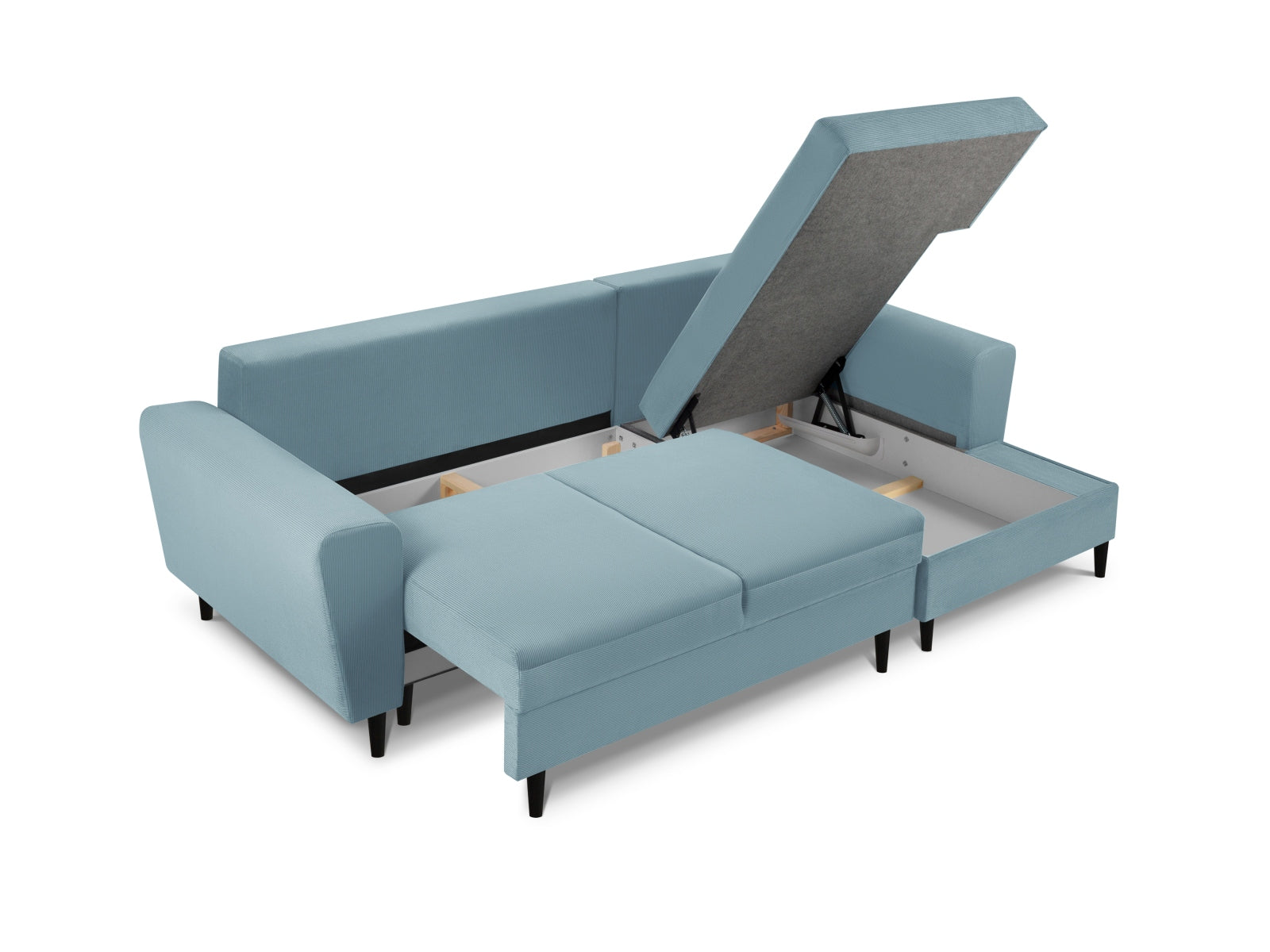 Modernes Kyoto Ecksofa in zartem Blau, 4-Sitzer mit Schlafoption und Stauraum, ideal für gemütliche und funktionale Wohnbereiche.