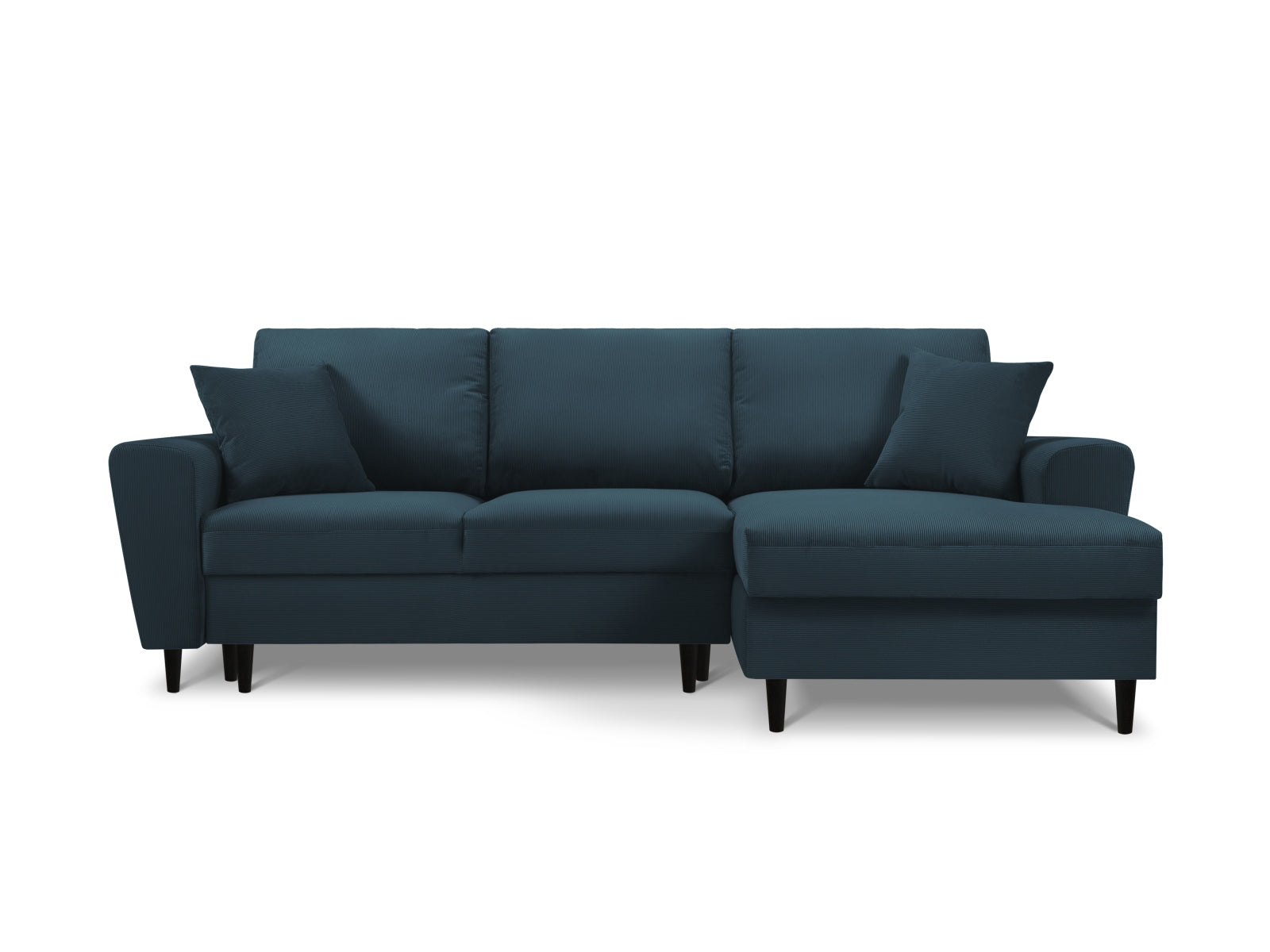 Stylisches Kyoto Ecksofa in Dunkelblau mit Schlaffunktion und Stauraum, ideal für moderne Wohnräume und Gästeübernachtungen.