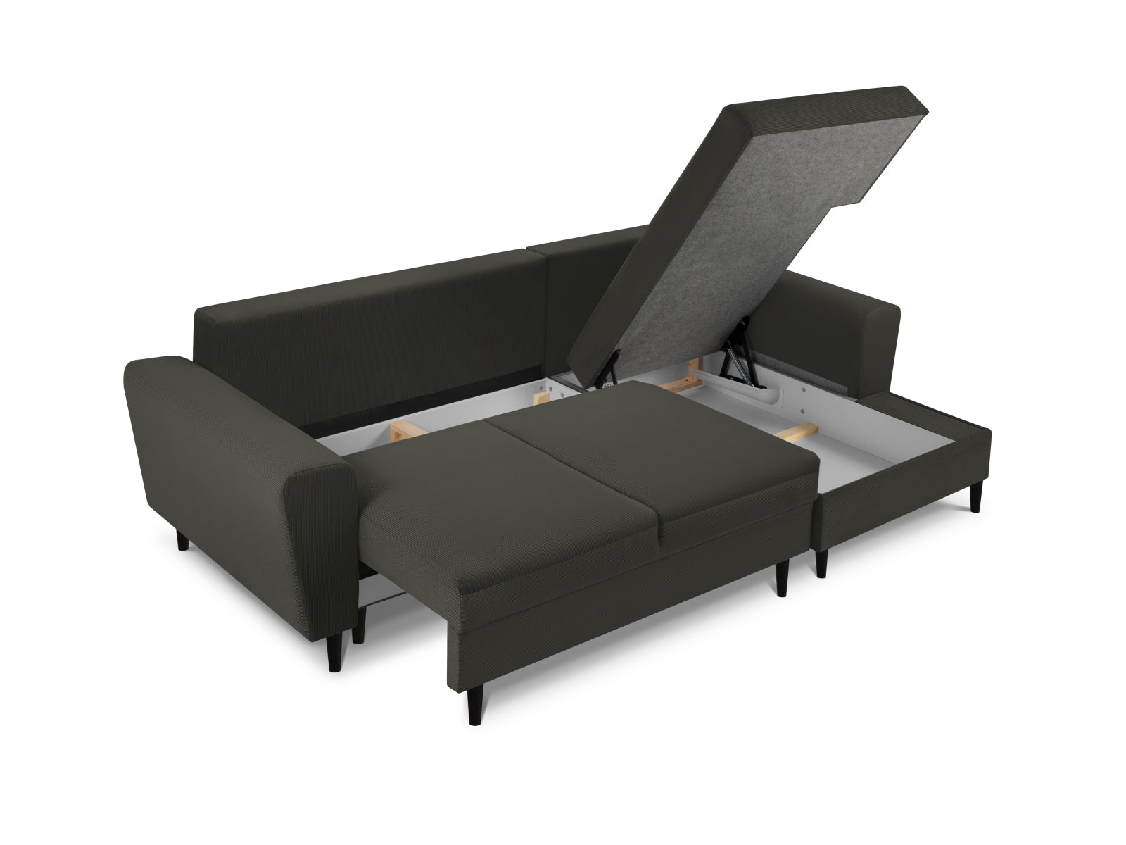 Modernes Kyoto Ecksofa in Schwarz, 4-Sitzer mit Schlaffunktion und Stauraum, ideal für stilvolle Wohnräume und flexible Nutzung.